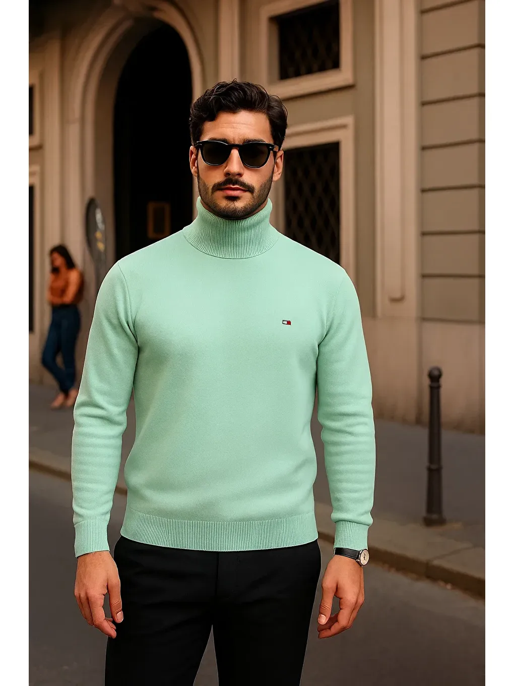 Yeşil Erkek Kışlık Basic Slim Fit Uzun Mint Kazak-3