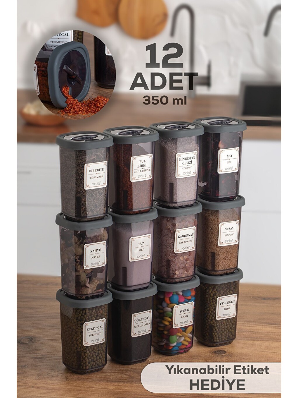 Antrasit 1060 12li Kilit Kapak Etiketli Baharatlık Seti-baharatlık-saklama Kabı-350ml-1