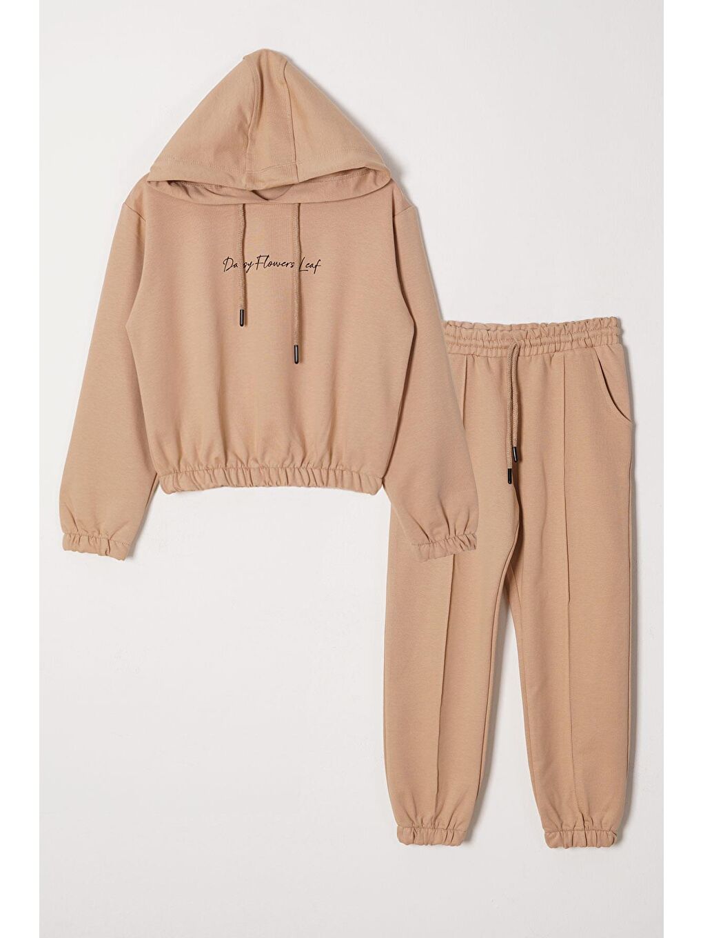 Bej Kapüşonlu Daısy Flowrs Leaf Baskılı Kız Çocuk İkili Takım
