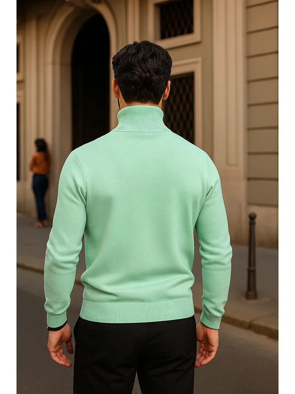 Yeşil Erkek Kışlık Basic Slim Fit Uzun Mint Kazak-4