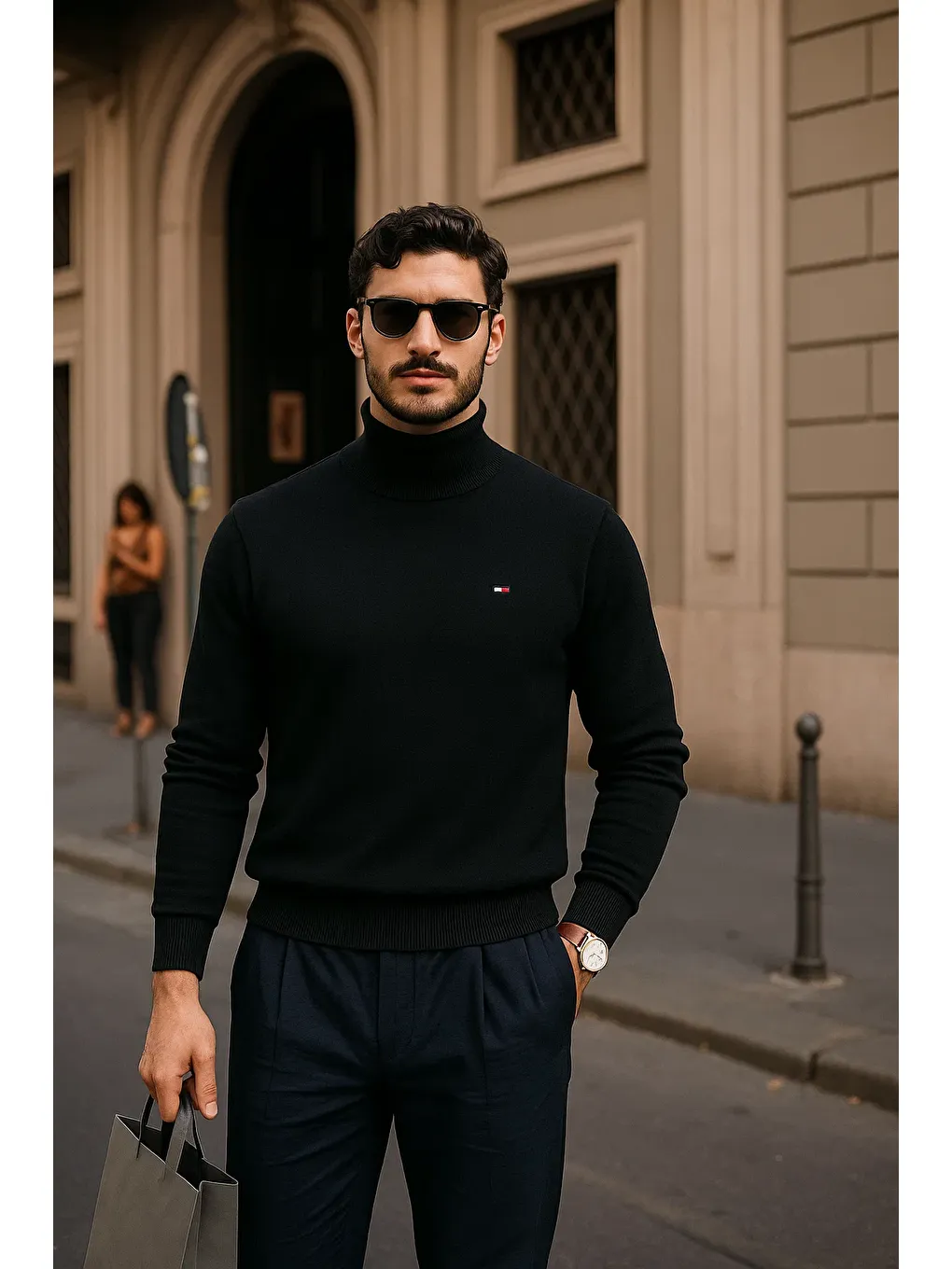 Erkek Kışlık Basic Slim Fit Uzun Siyah Kazak