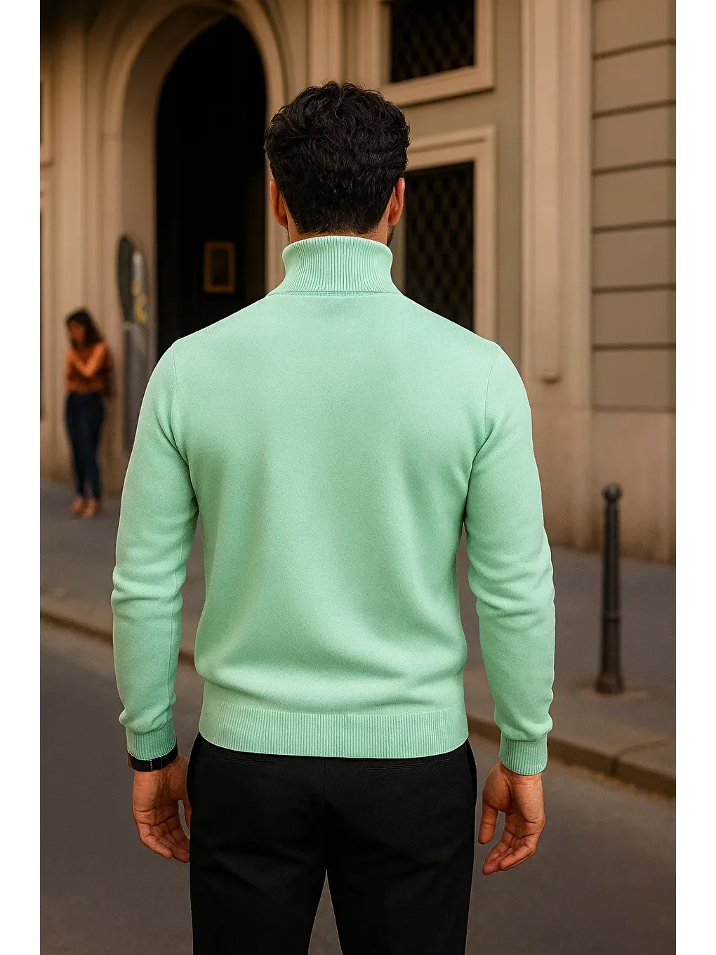 Yeşil Erkek Kışlık Basic Slim Fit Uzun Mint Kazak-5