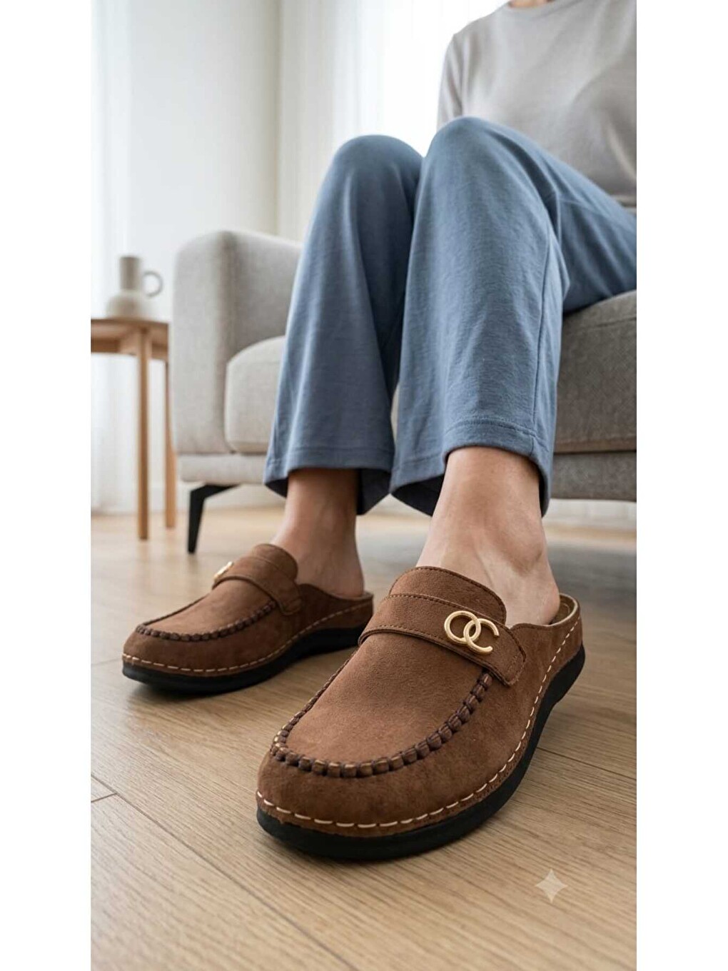 Kahverengi Kadın, Süet Görünümlü, Metal Tokalı, Günlük, Casual, Konfor Terlik-4