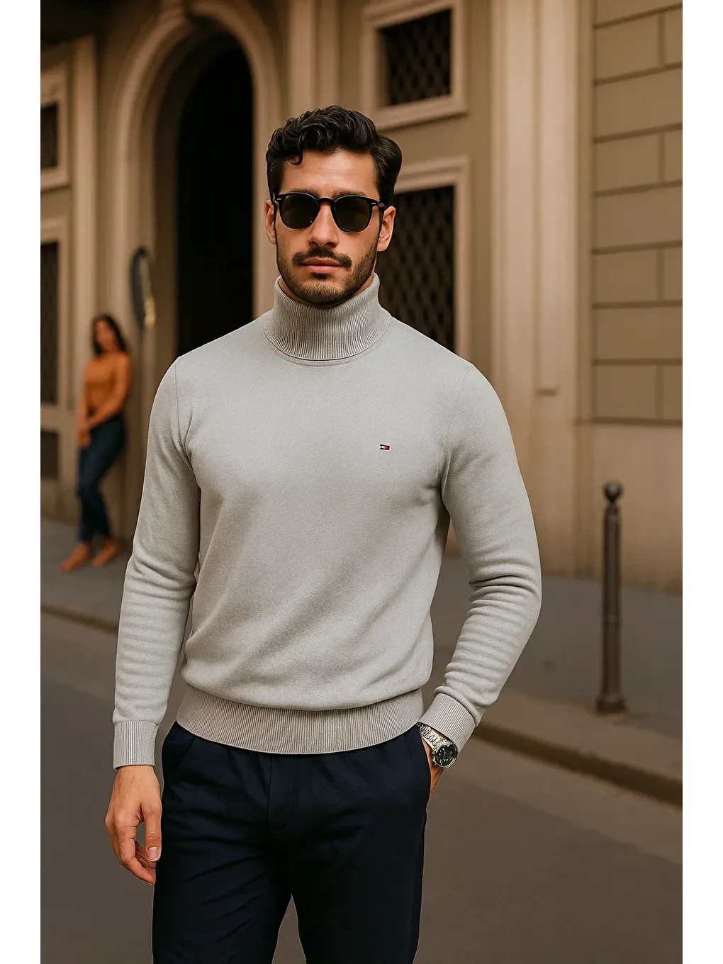 Erkek Kışlık Basic Slim Fit Uzun Gri Kazak-2