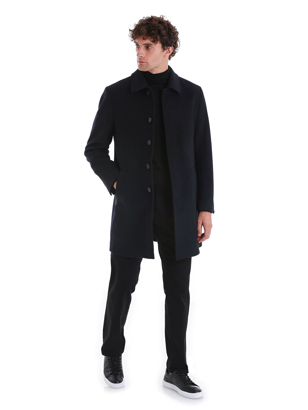 Lacivert Regular Fit Düz Bebe Yaka Kürklü Kaşe Yünlü Palto-1