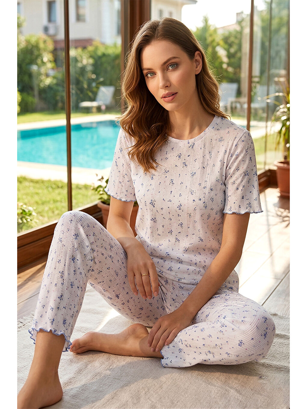 Kadın Desenli Pamuklu Kısa Kol Pointelle Kumaş Pijama Takımı 70753-3343 Beyaz07