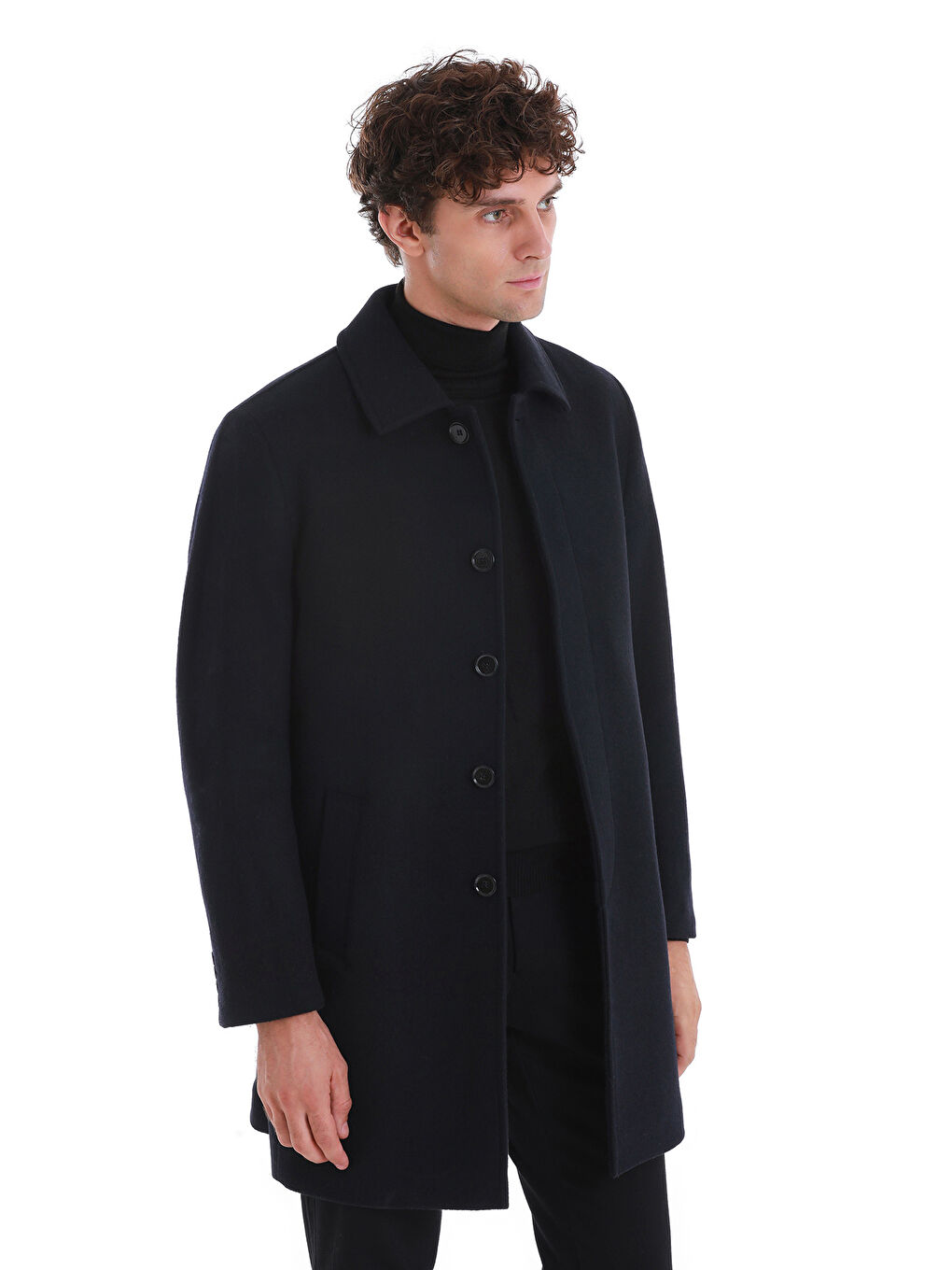 Lacivert Regular Fit Düz Bebe Yaka Kürklü Kaşe Yünlü Palto-2