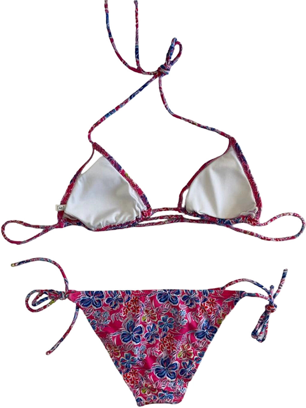 Mavi Kadın Pembe Çiçek Desenli Boyundan İp Bağlamalı Üçgen Bikini Takımı HZL25S-LC5005-2