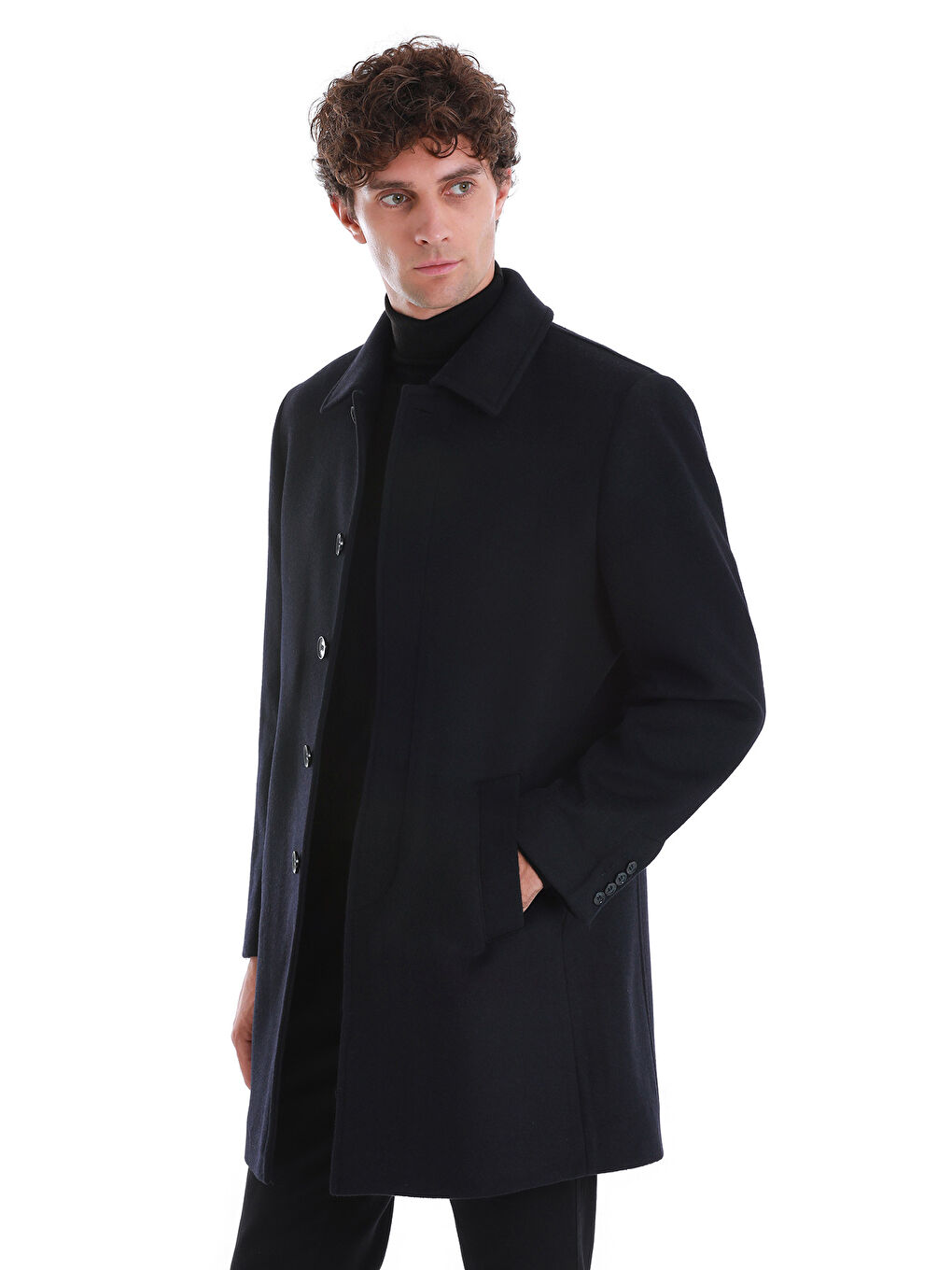 Lacivert Regular Fit Düz Bebe Yaka Kürklü Kaşe Yünlü Palto-3