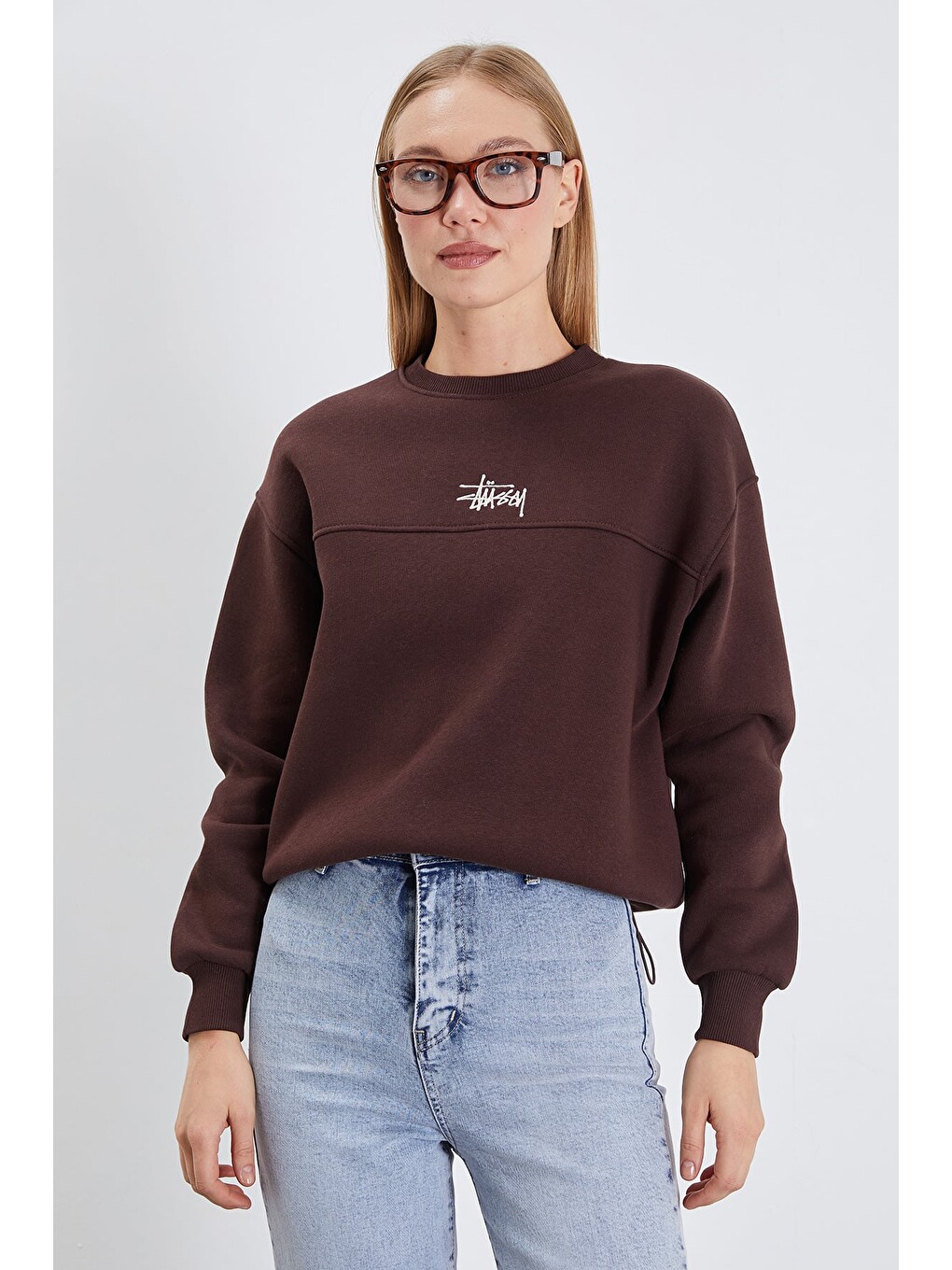 Kahverengi 3 İplik İmza Nakışlı Stoperli Oversize Sweatshirt