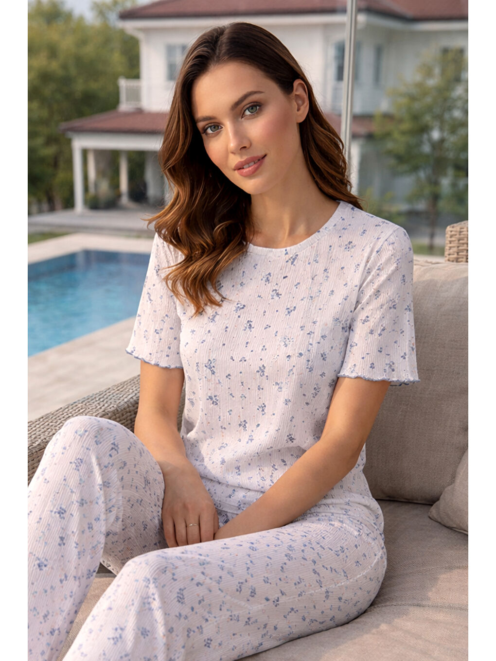 Kadın Desenli Pamuklu Kısa Kol Pointelle Kumaş Pijama Takımı 70753-3343 Beyaz07-1