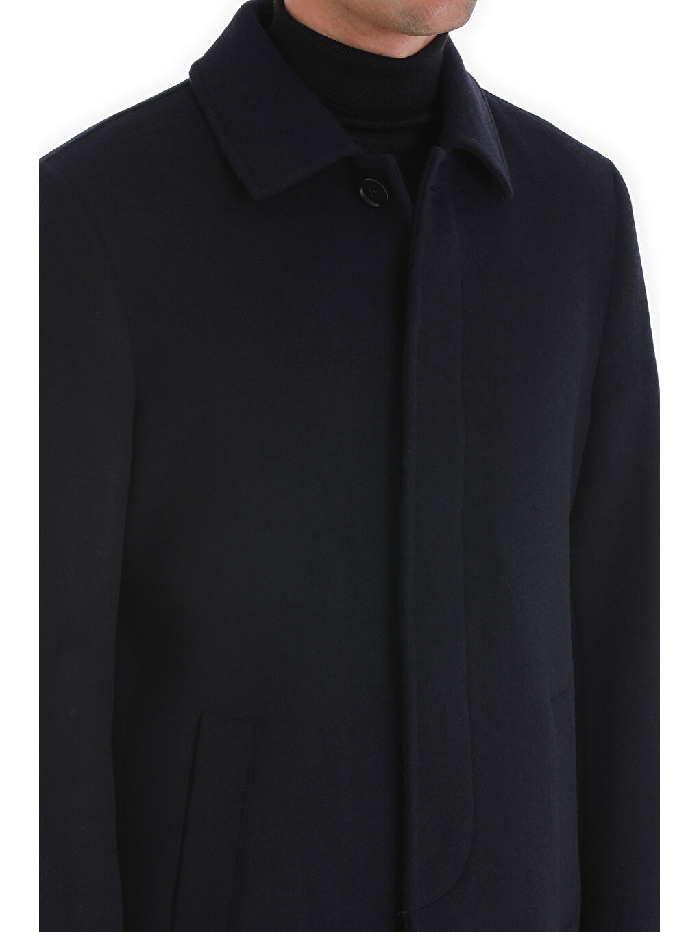 Lacivert Regular Fit Düz Bebe Yaka Kürklü Kaşe Yünlü Palto-4