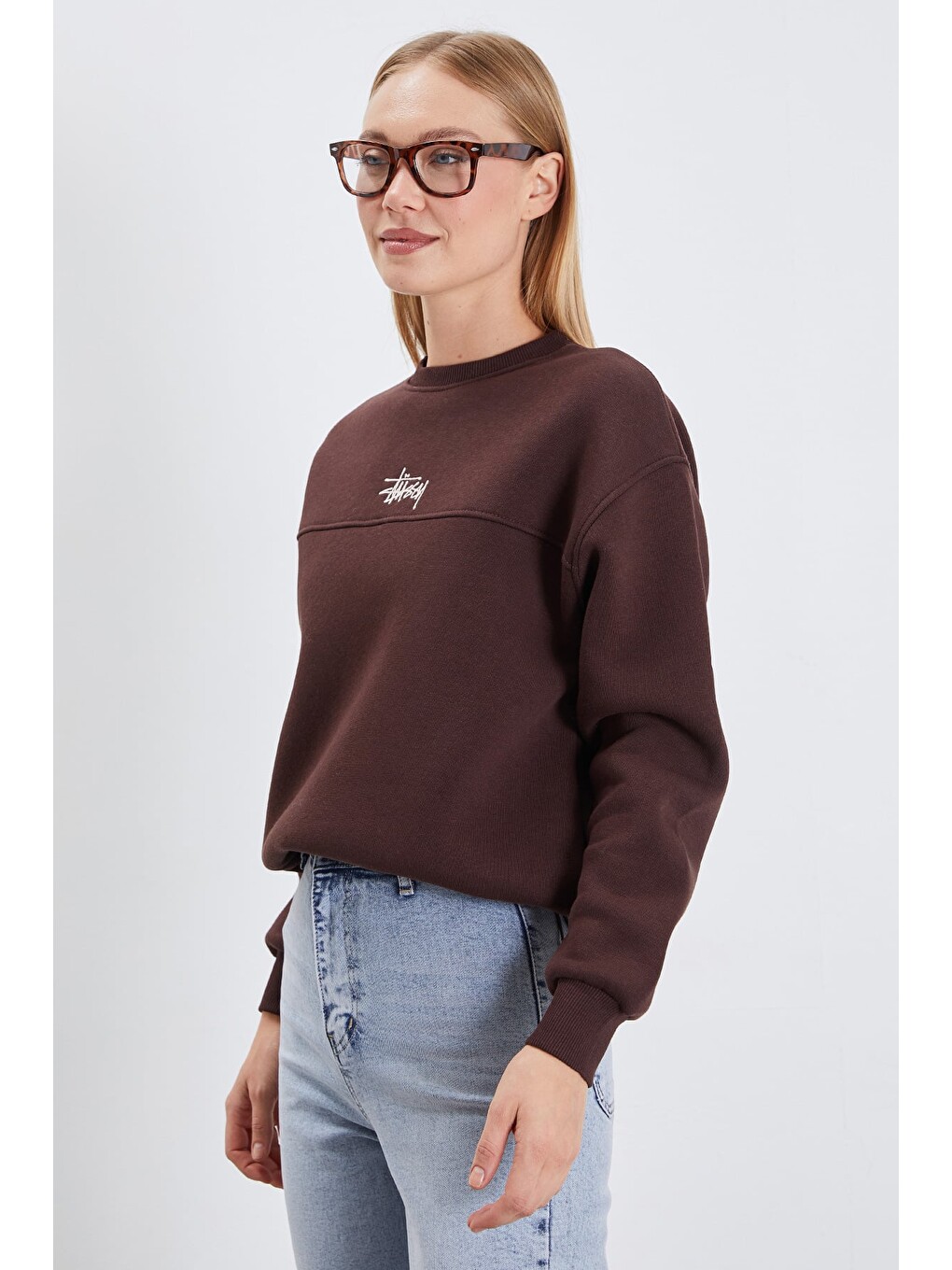 Kahverengi 3 İplik İmza Nakışlı Stoperli Oversize Sweatshirt-1