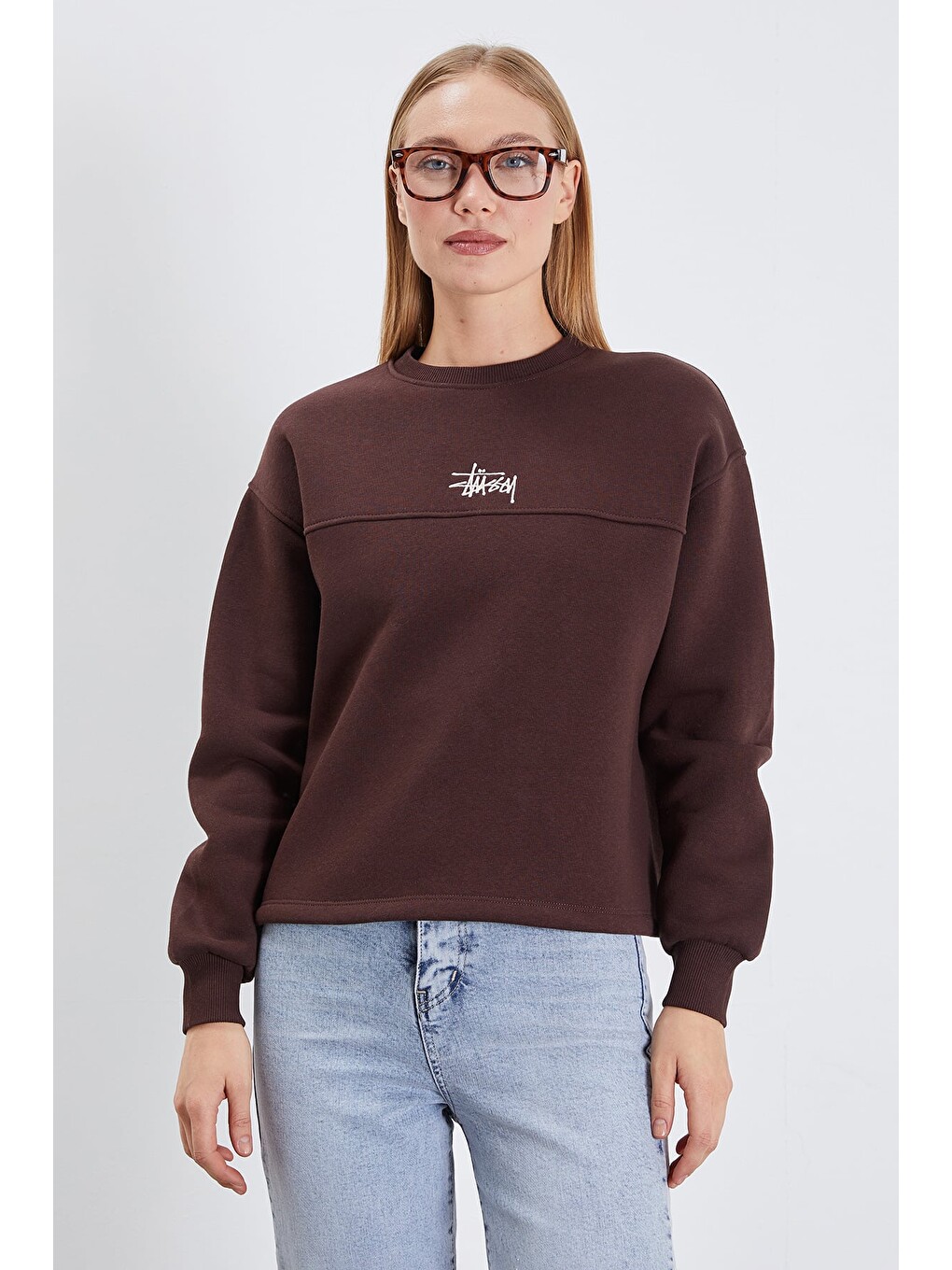 Kahverengi 3 İplik İmza Nakışlı Stoperli Oversize Sweatshirt-2
