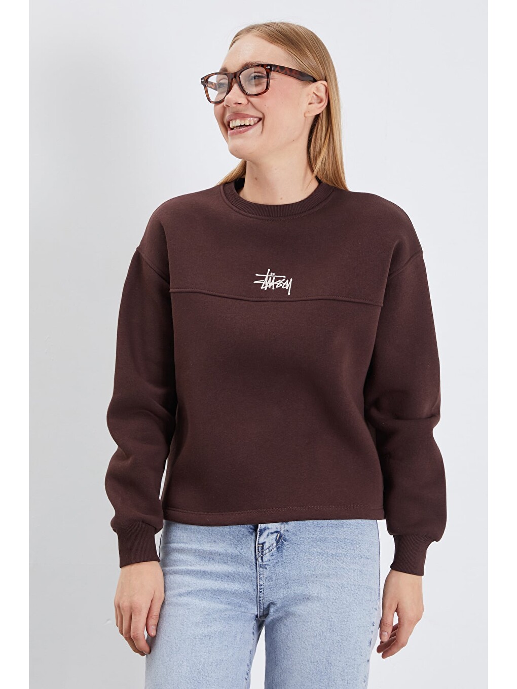 Kahverengi 3 İplik İmza Nakışlı Stoperli Oversize Sweatshirt-3