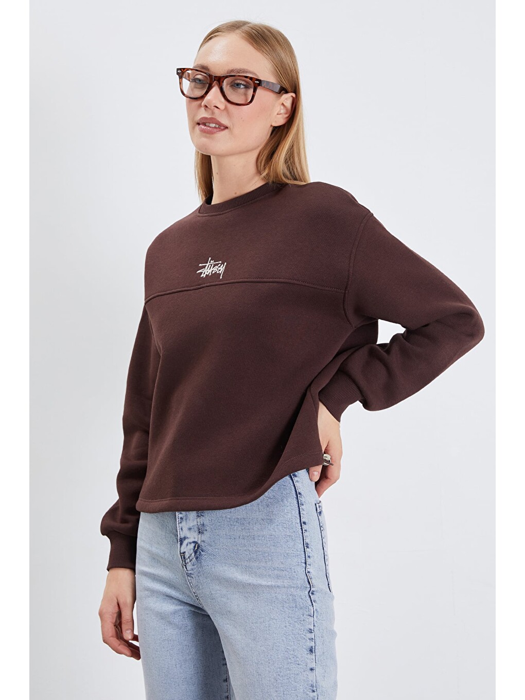 Kahverengi 3 İplik İmza Nakışlı Stoperli Oversize Sweatshirt-4