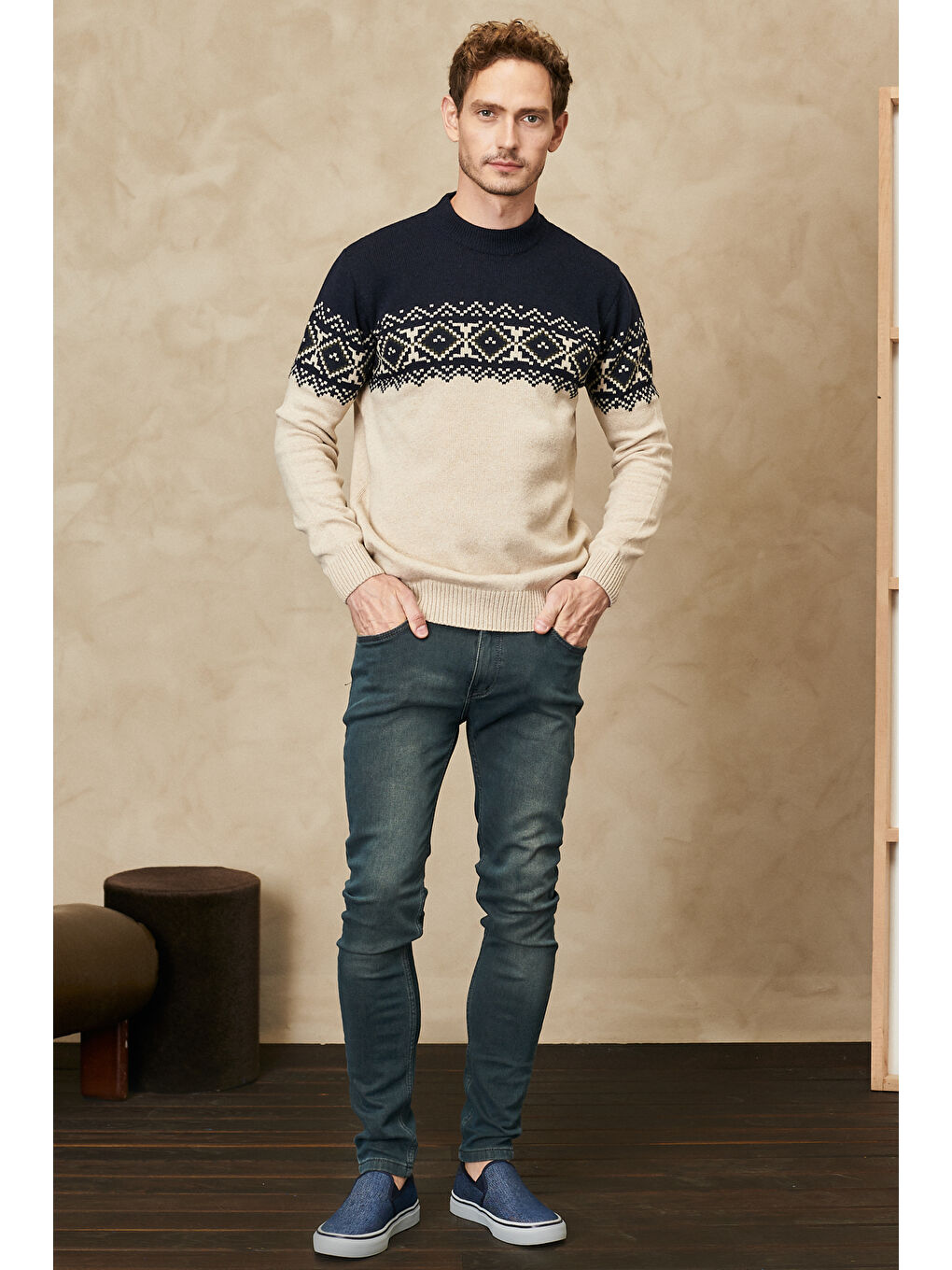 Erkek Lacivert-Bej Standart Fit Normal Kesim Yarım Balıkçı Yaka Desenli Triko Kazak-1