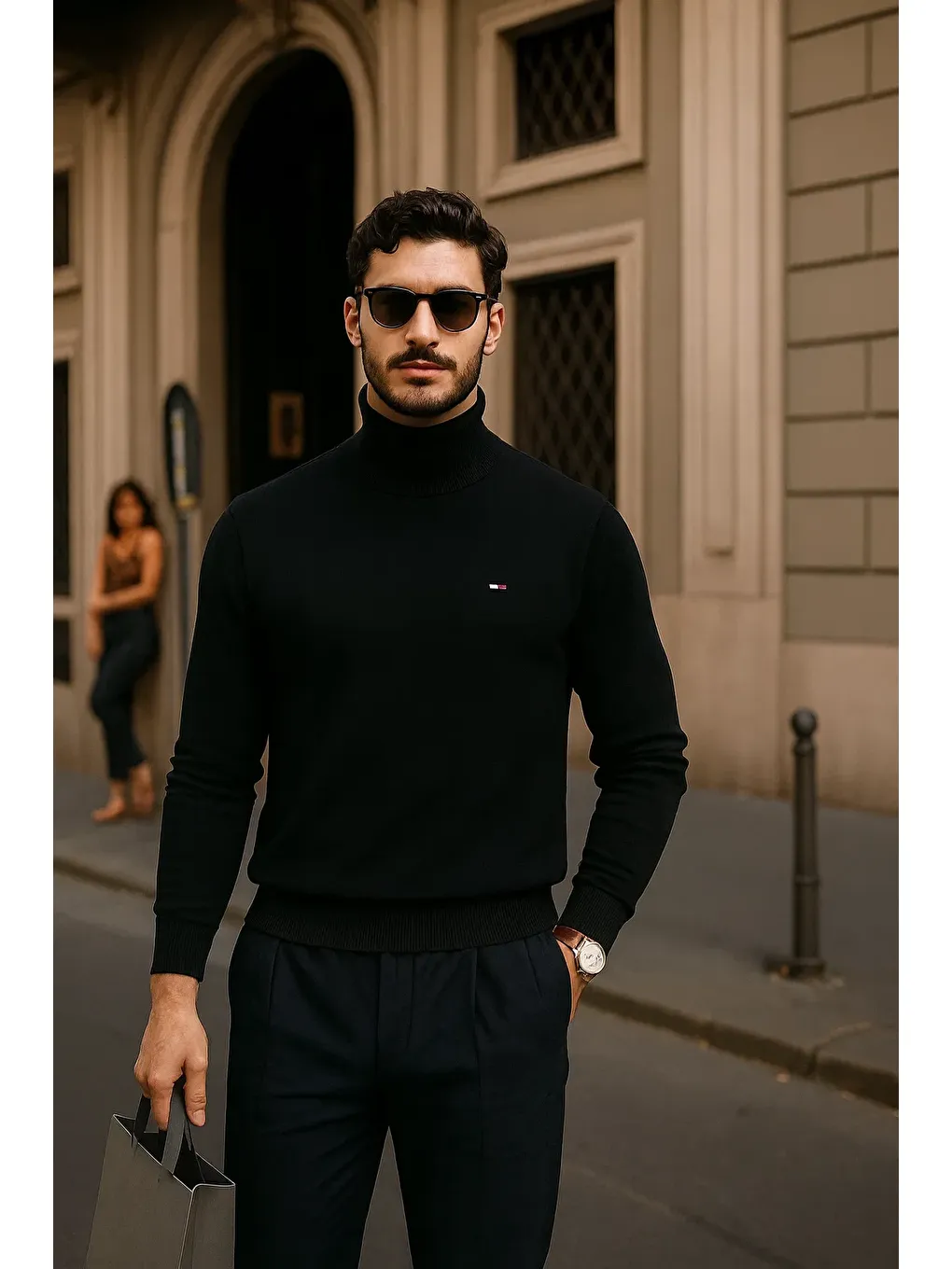 Erkek Kışlık Basic Slim Fit Uzun Siyah Kazak-3