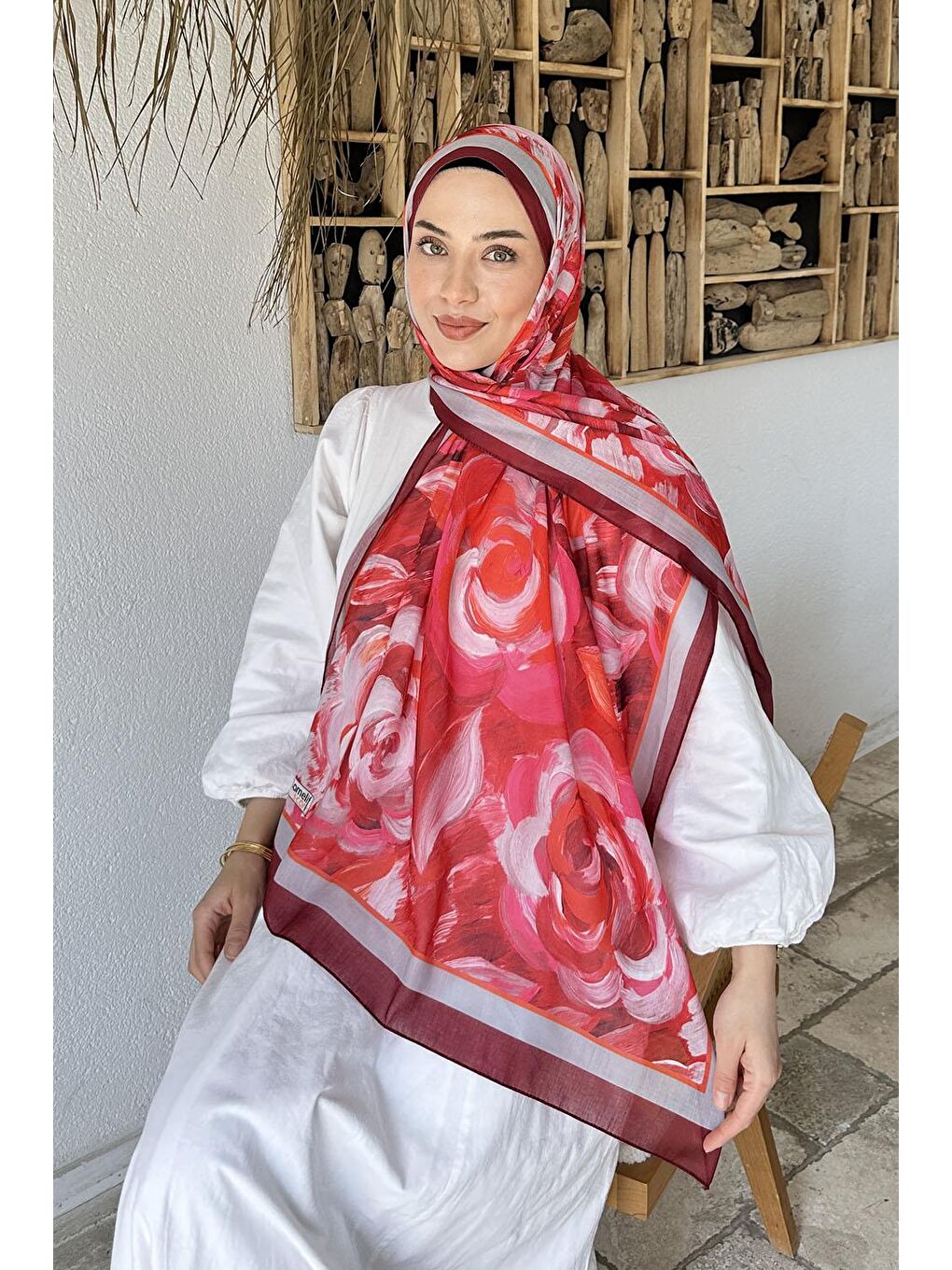 Çiçek Desen Pamuk Şal Bordo-1