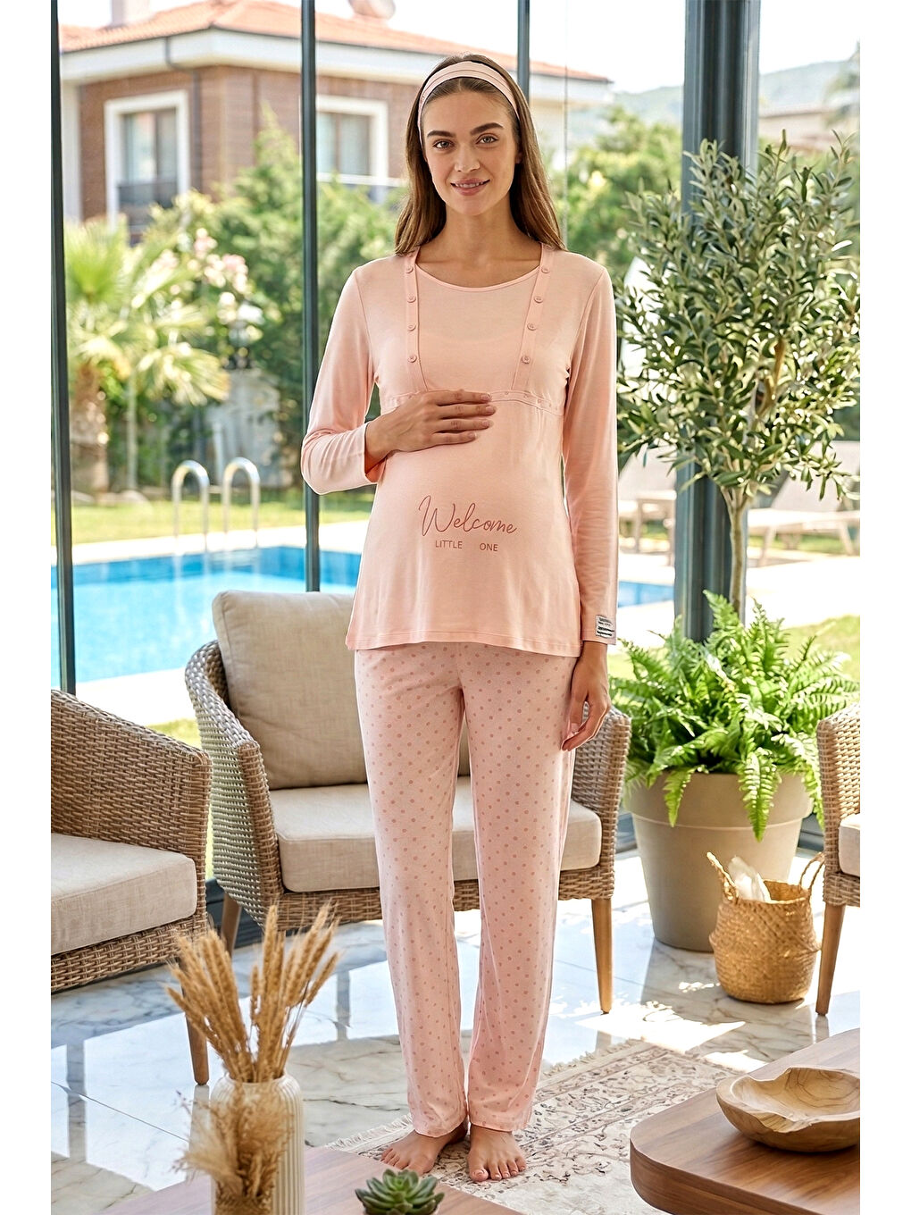 Pembe Hamile Kadın Modal Kumaş Uzun Kol Lohusa Pijama Takımı 3322 Pudra