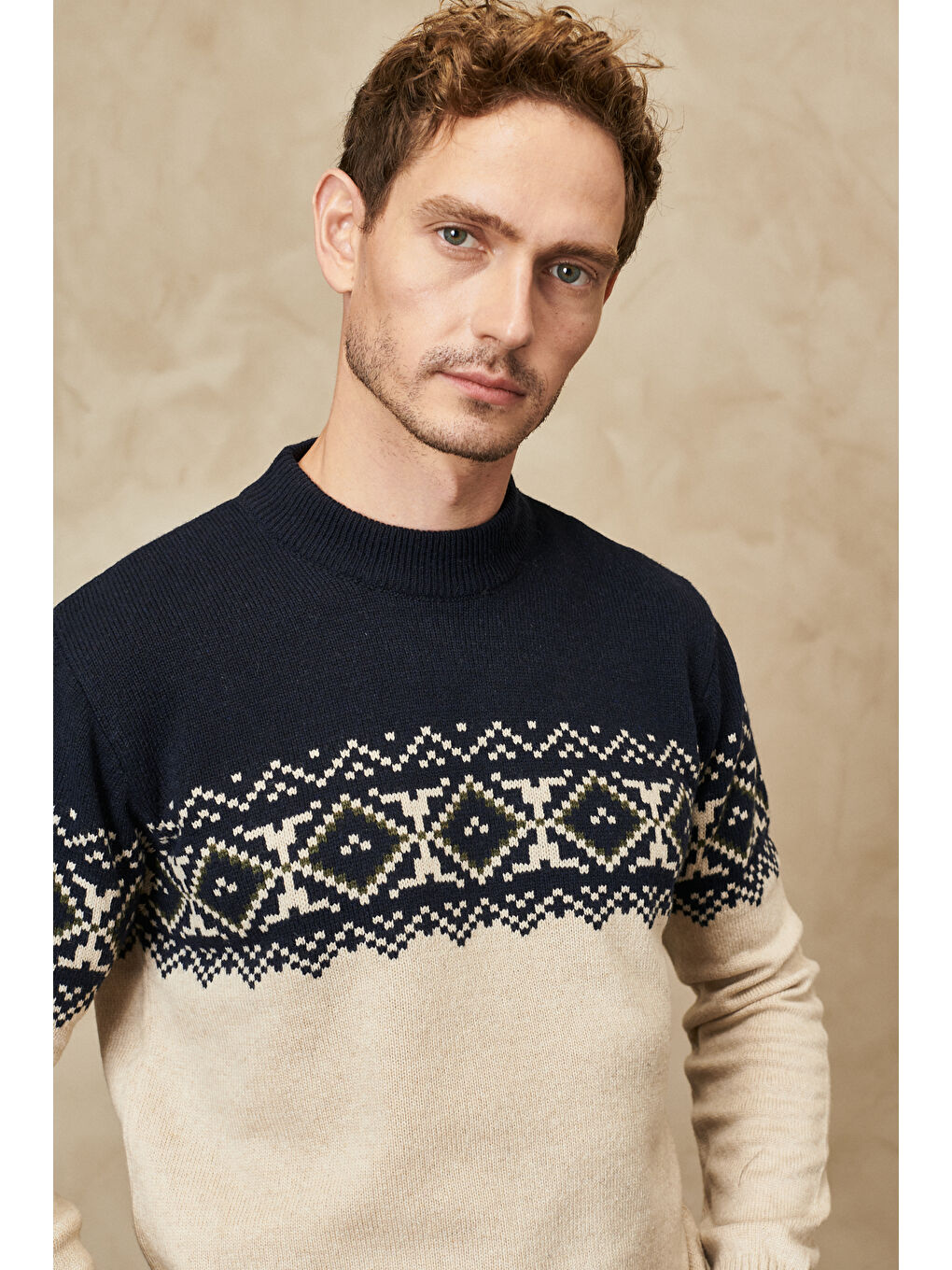 Erkek Lacivert-Bej Standart Fit Normal Kesim Yarım Balıkçı Yaka Desenli Triko Kazak-2