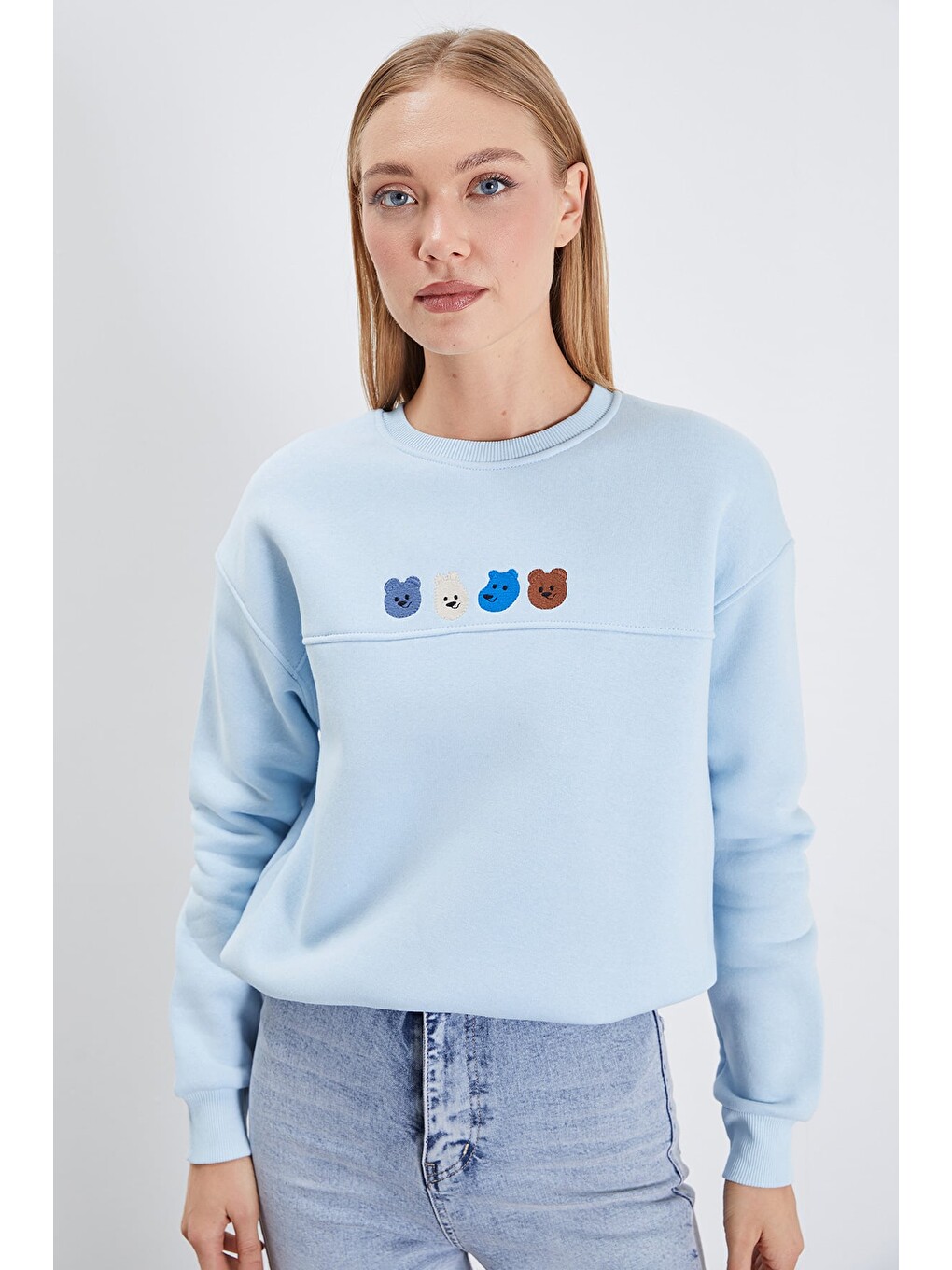 Mavi 3 İplik Ayıcık Nakışlı Stoperli Oversize Sweatshirt