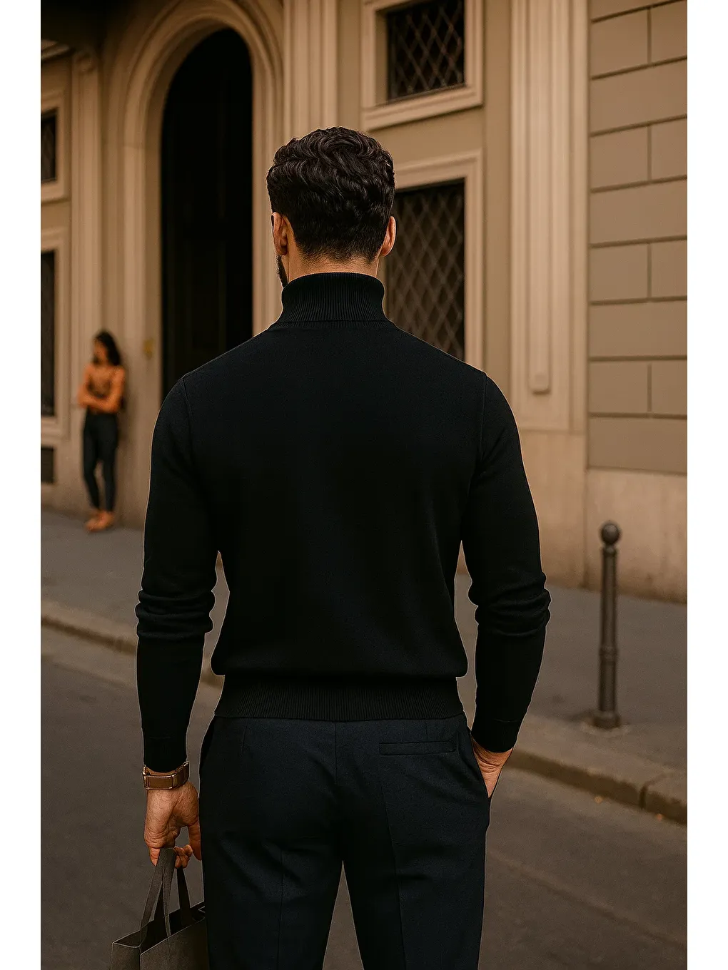 Erkek Kışlık Basic Slim Fit Uzun Siyah Kazak-4