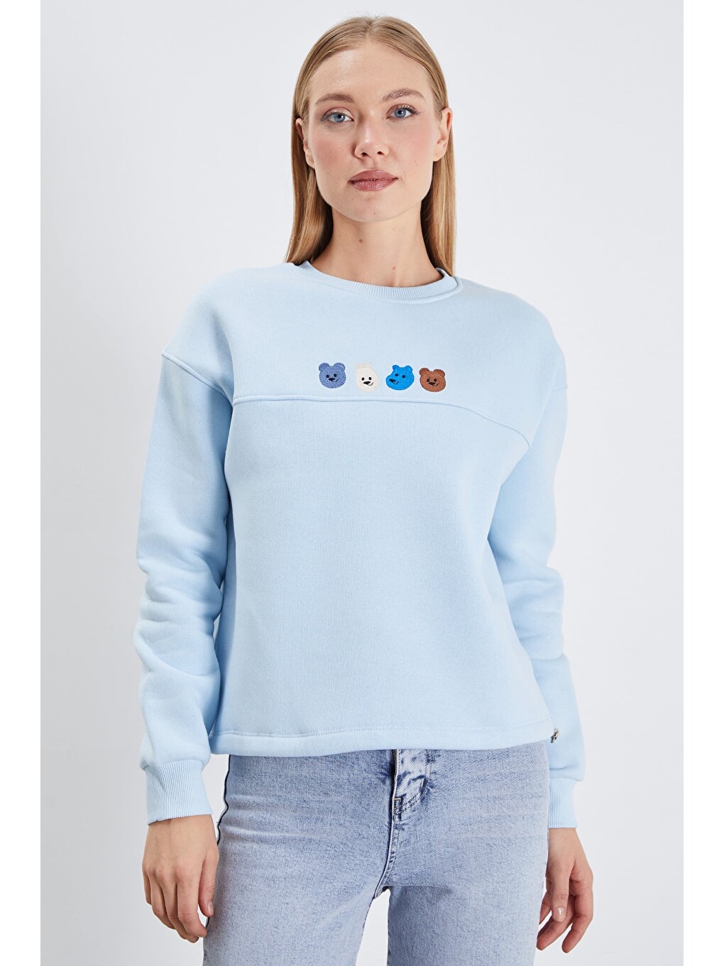 Mavi 3 İplik Ayıcık Nakışlı Stoperli Oversize Sweatshirt-1