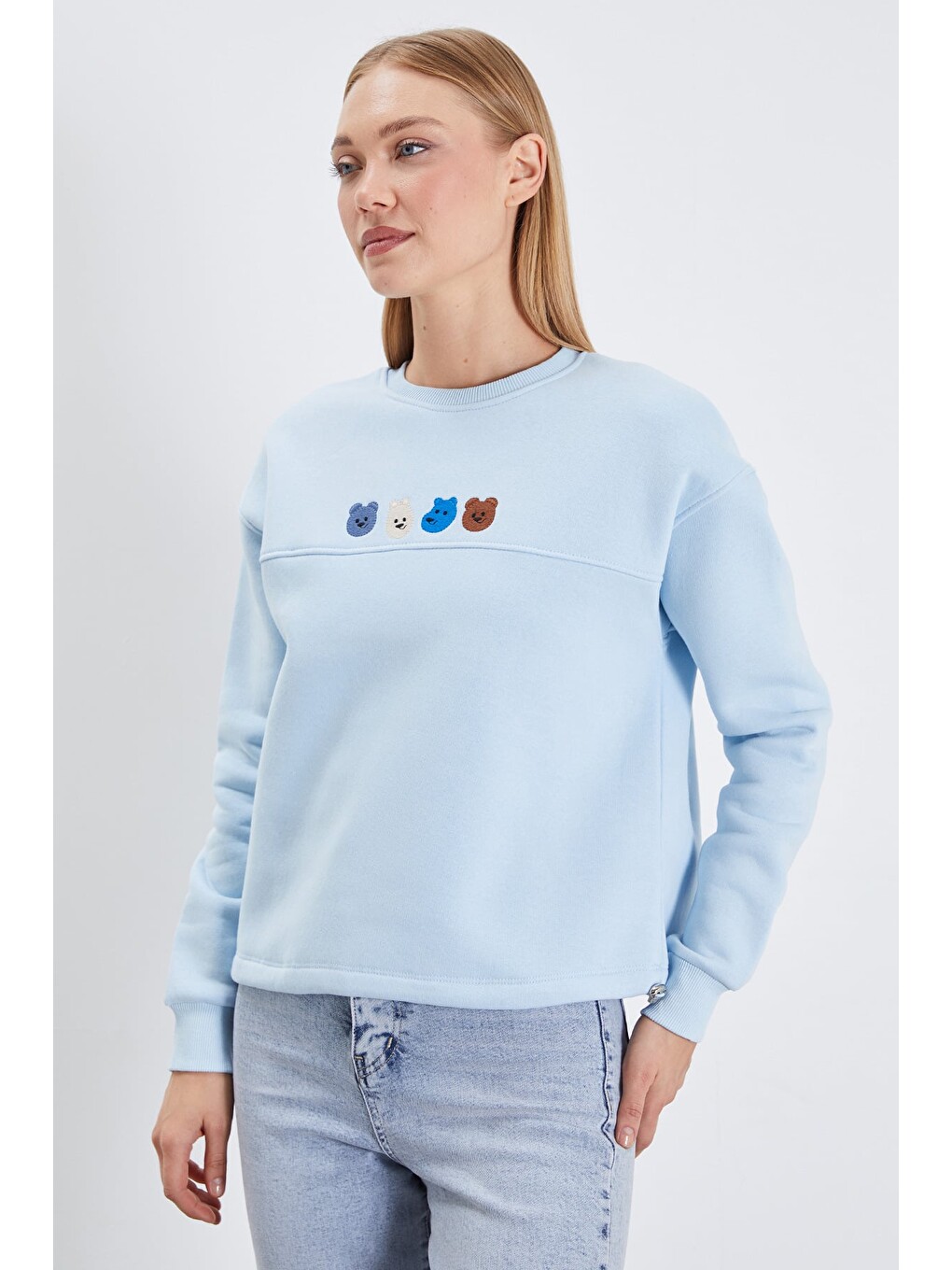 Mavi 3 İplik Ayıcık Nakışlı Stoperli Oversize Sweatshirt-2