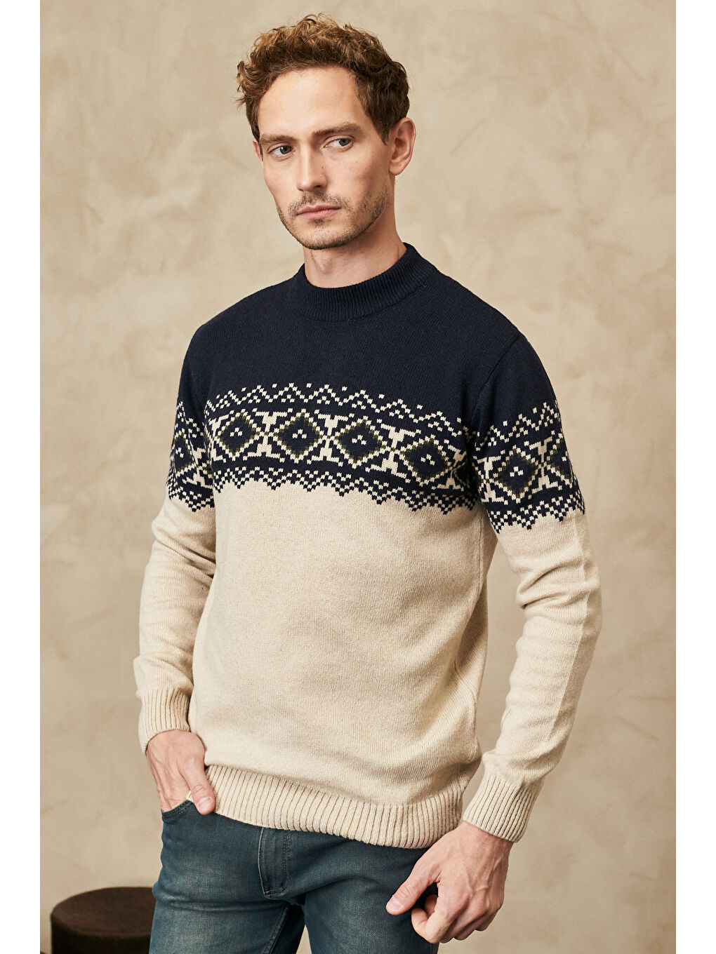 Erkek Lacivert-Bej Standart Fit Normal Kesim Yarım Balıkçı Yaka Desenli Triko Kazak-3