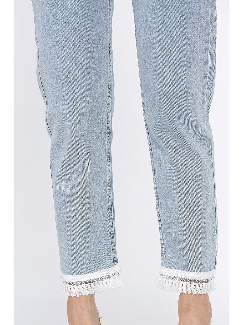 Mavi Paça Püskül Detaylı Kadın Jean Jean Pantolon-2