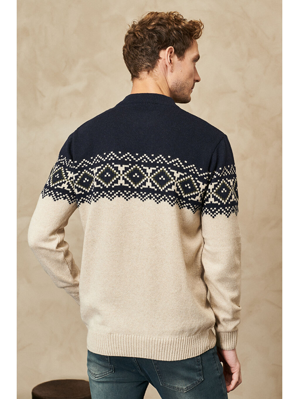 Erkek Lacivert-Bej Standart Fit Normal Kesim Yarım Balıkçı Yaka Desenli Triko Kazak-4