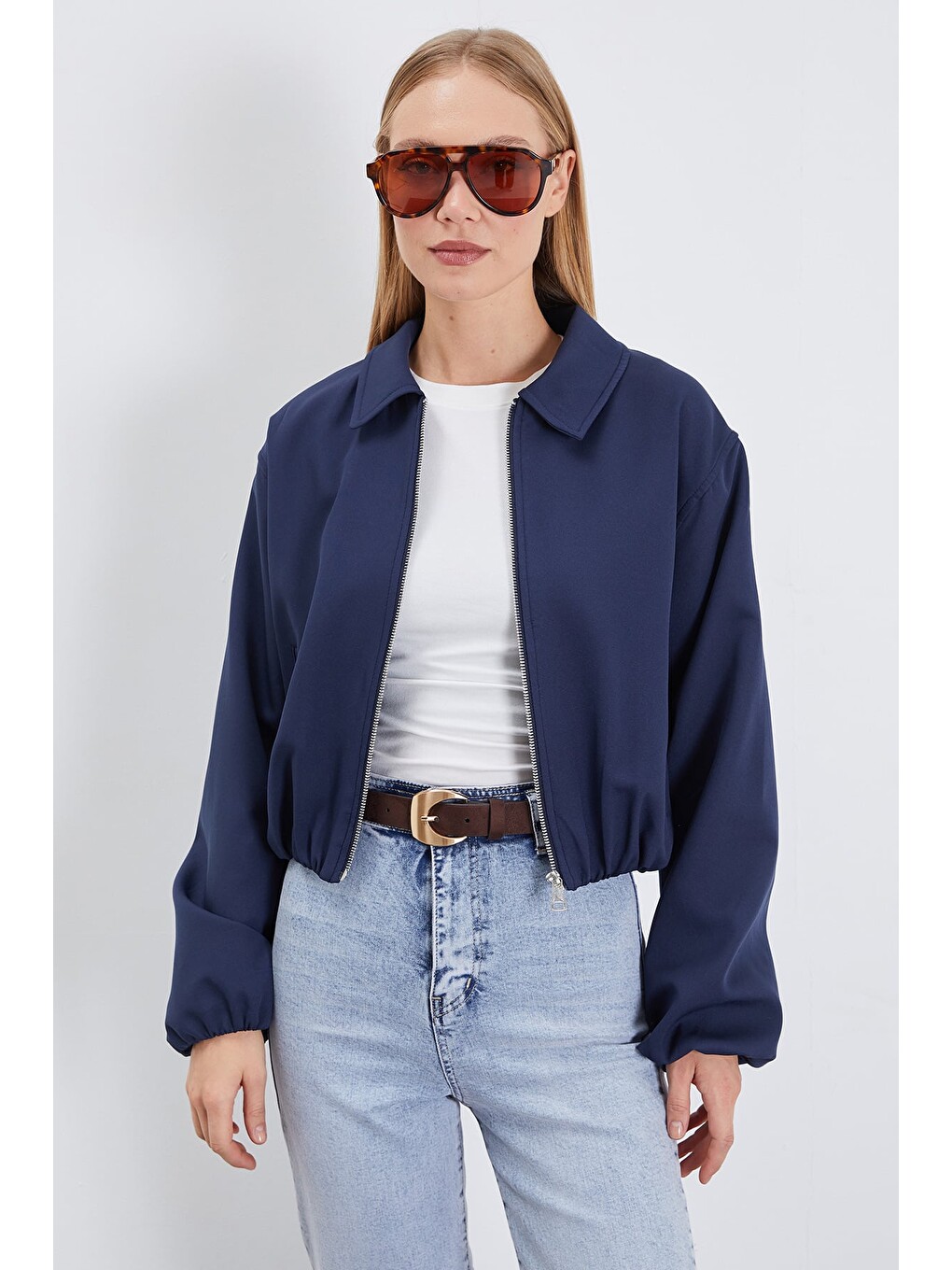 Lacivert Fermuarlı Polo Yaka Bomber Ceket-1