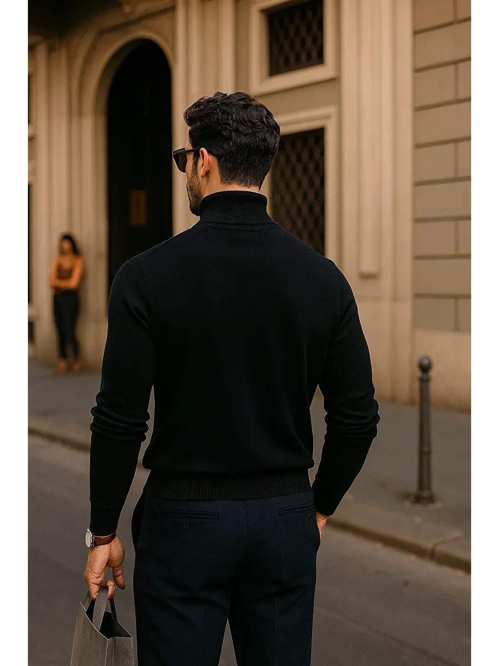 Erkek Kışlık Basic Slim Fit Uzun Siyah Kazak-5