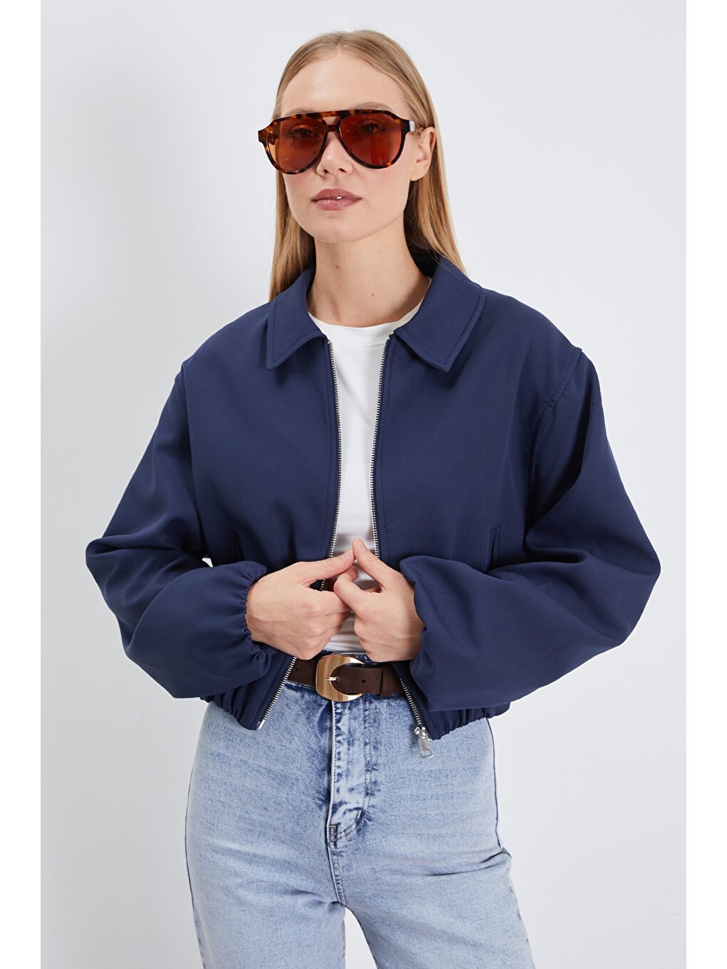Lacivert Fermuarlı Polo Yaka Bomber Ceket-2