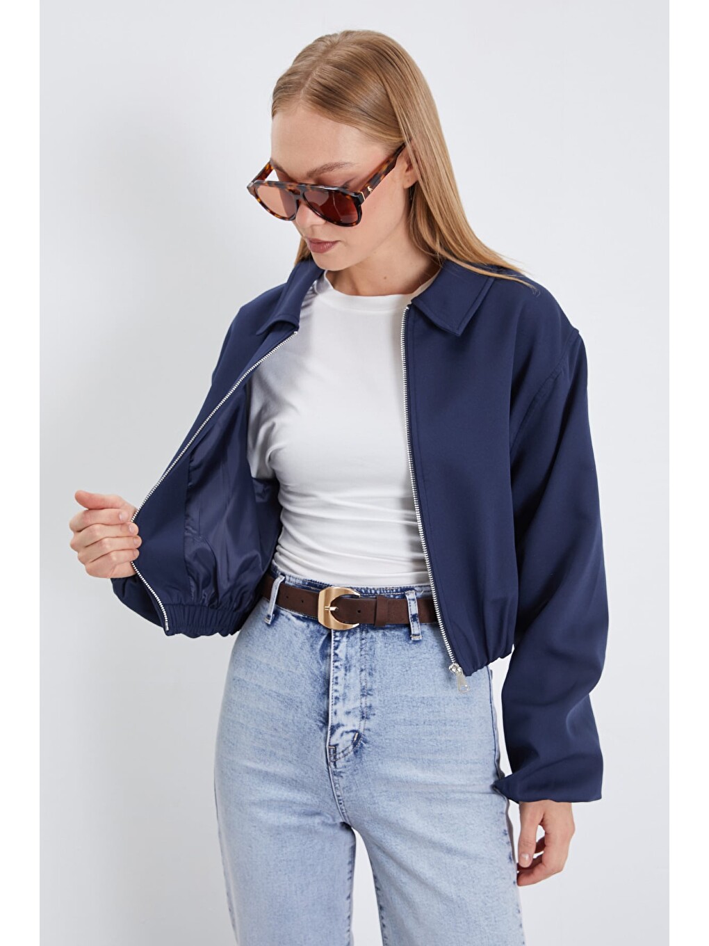 Lacivert Fermuarlı Polo Yaka Bomber Ceket-3