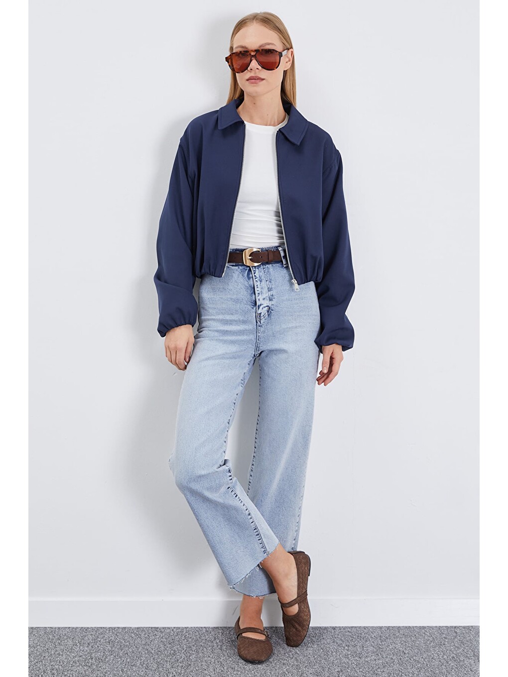 Lacivert Fermuarlı Polo Yaka Bomber Ceket-4