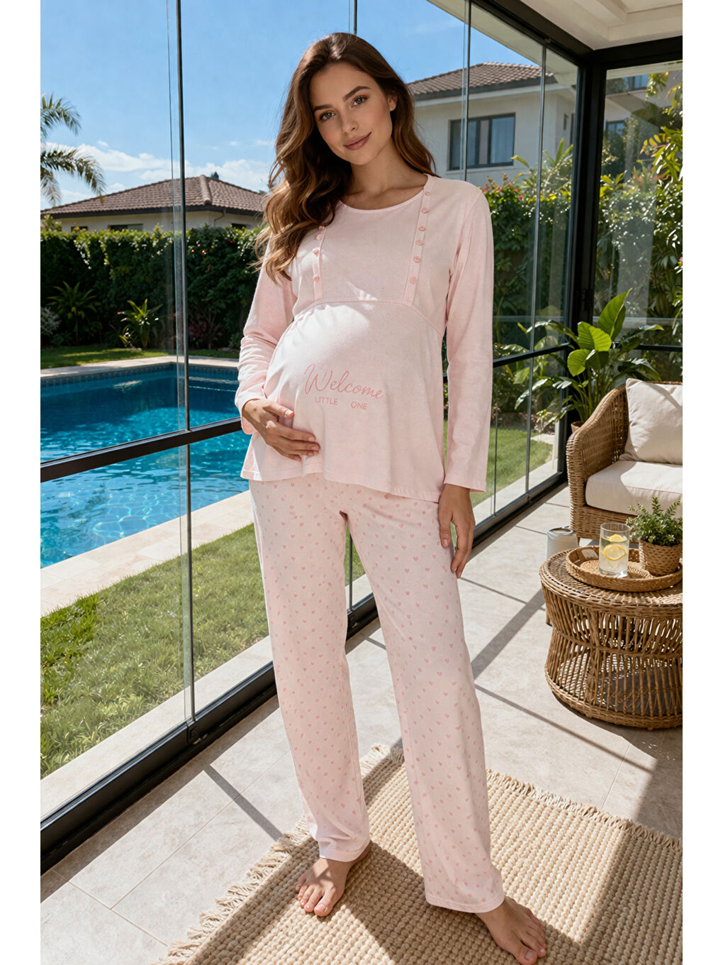 Pembe Hamile Kadın Modal Kumaş Uzun Kol Lohusa Pijama Takımı 3322 Pudra-3