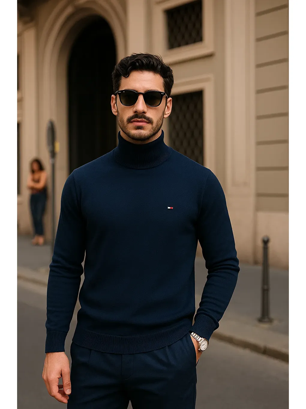 Erkek Kışlık Basic Slim Fit Uzun Lacivert Kazak-1