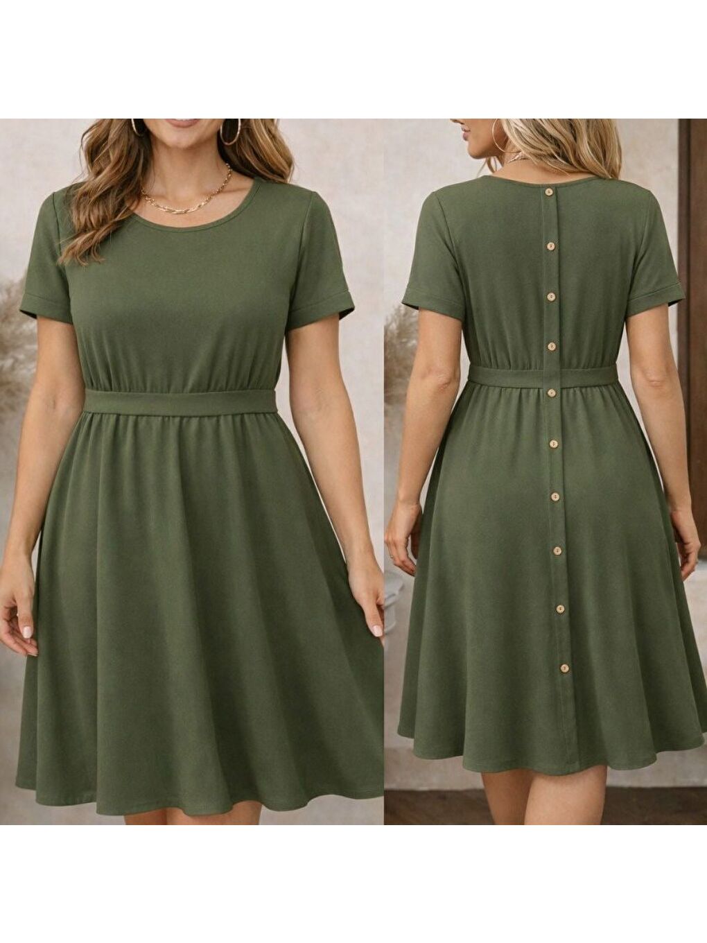 Yeşil Kadın Kısa Kollu Yuvarlak Yaka Arkadan Düğmeli Viskon Midi Elbise-2
