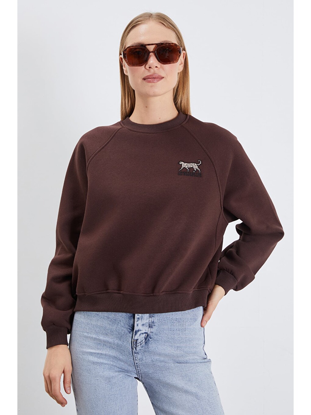 Kahverengi 3 İplik Leopar Nakışlı Reglan Kol Oversize Sweatshirt-1