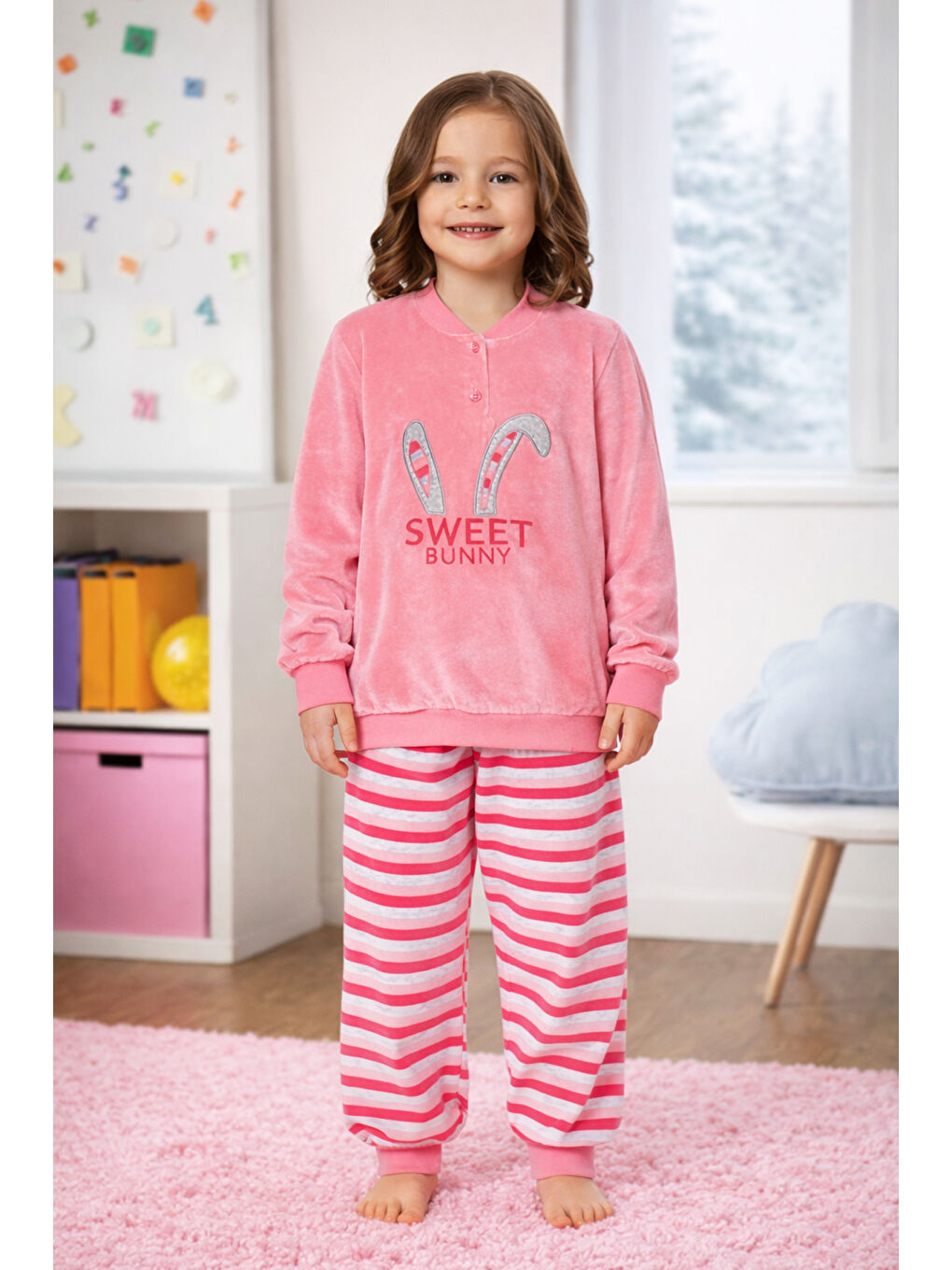 Kız Çocuk Kadife Pijama Takımı 1667 Pembe01