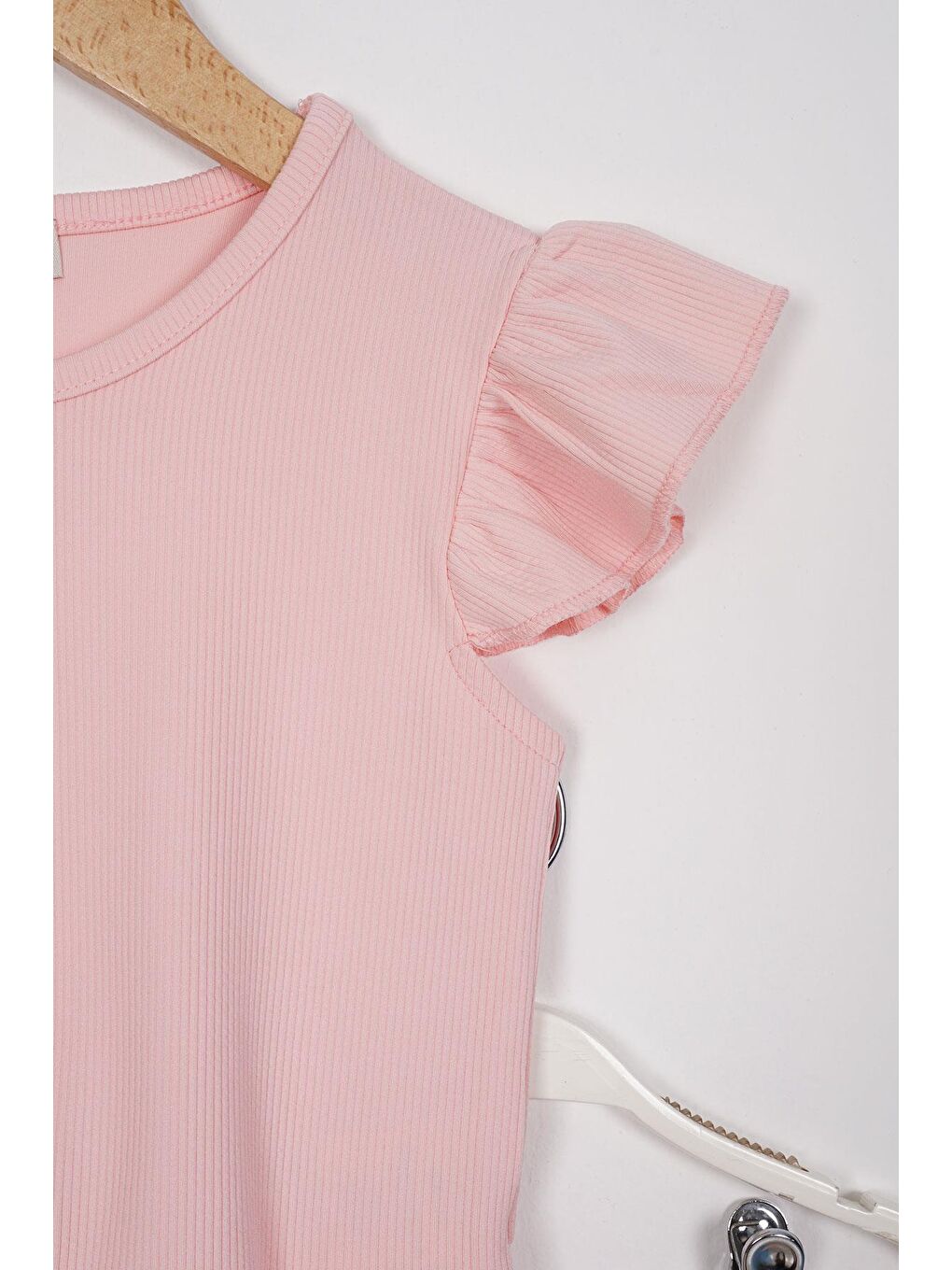 Pembe Kolları Fırfırlı Önü Düğme Aksesuarlı Kız Çocuk Taytlı Takım-1