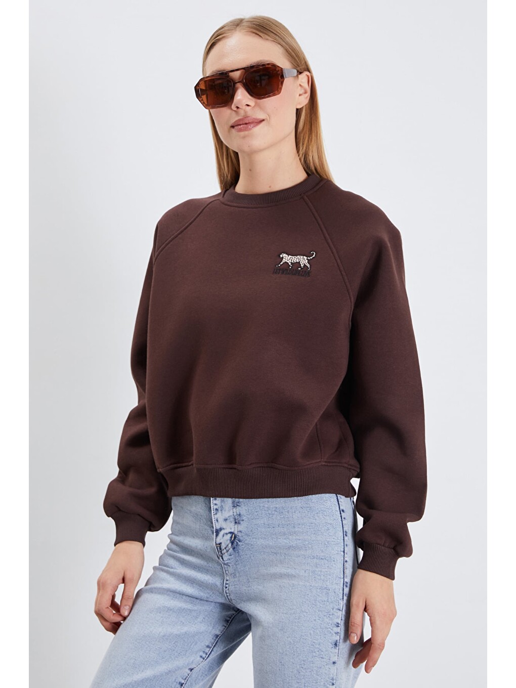 Kahverengi 3 İplik Leopar Nakışlı Reglan Kol Oversize Sweatshirt-4