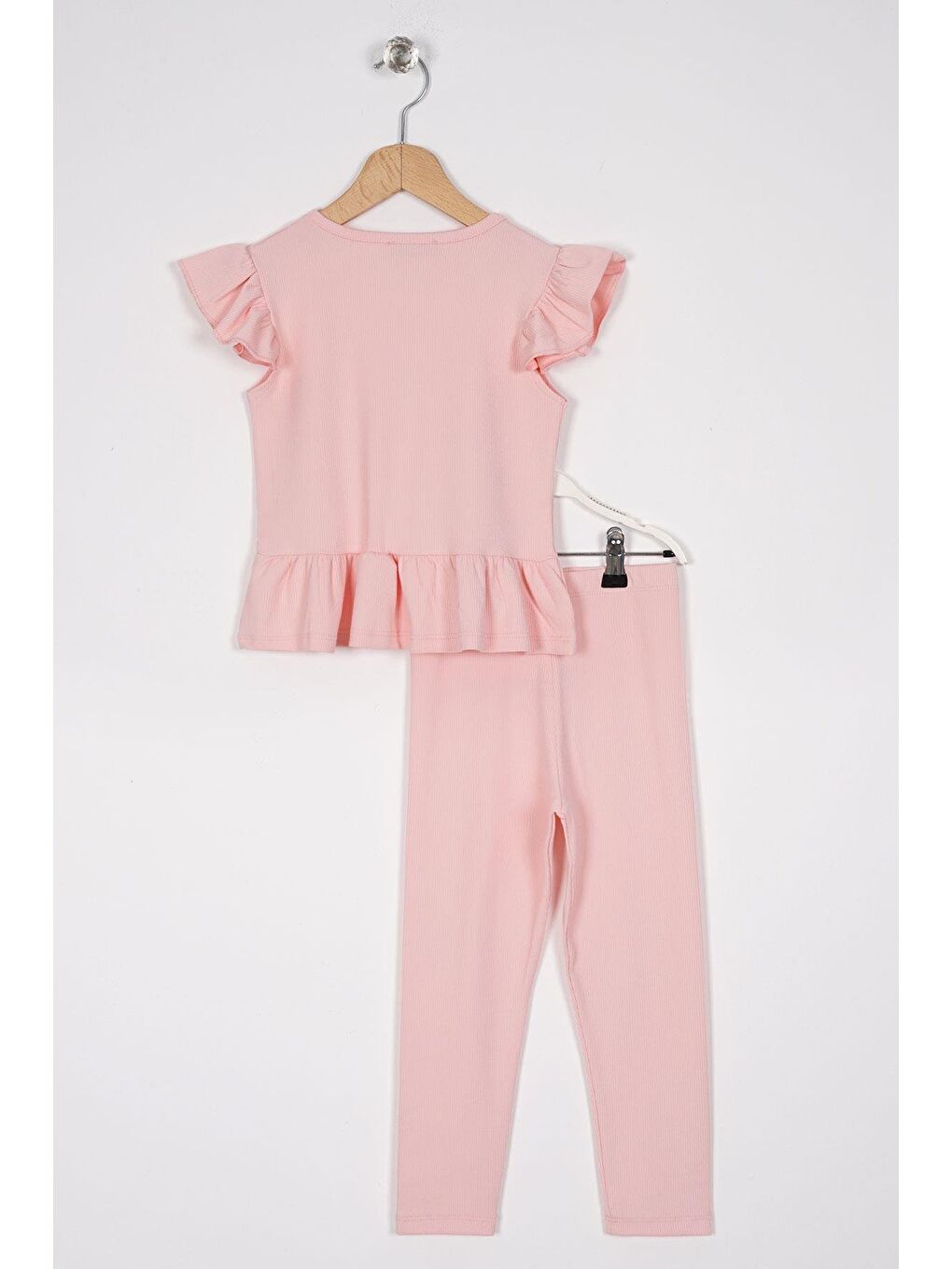 Pembe Kolları Fırfırlı Önü Düğme Aksesuarlı Kız Çocuk Taytlı Takım-2