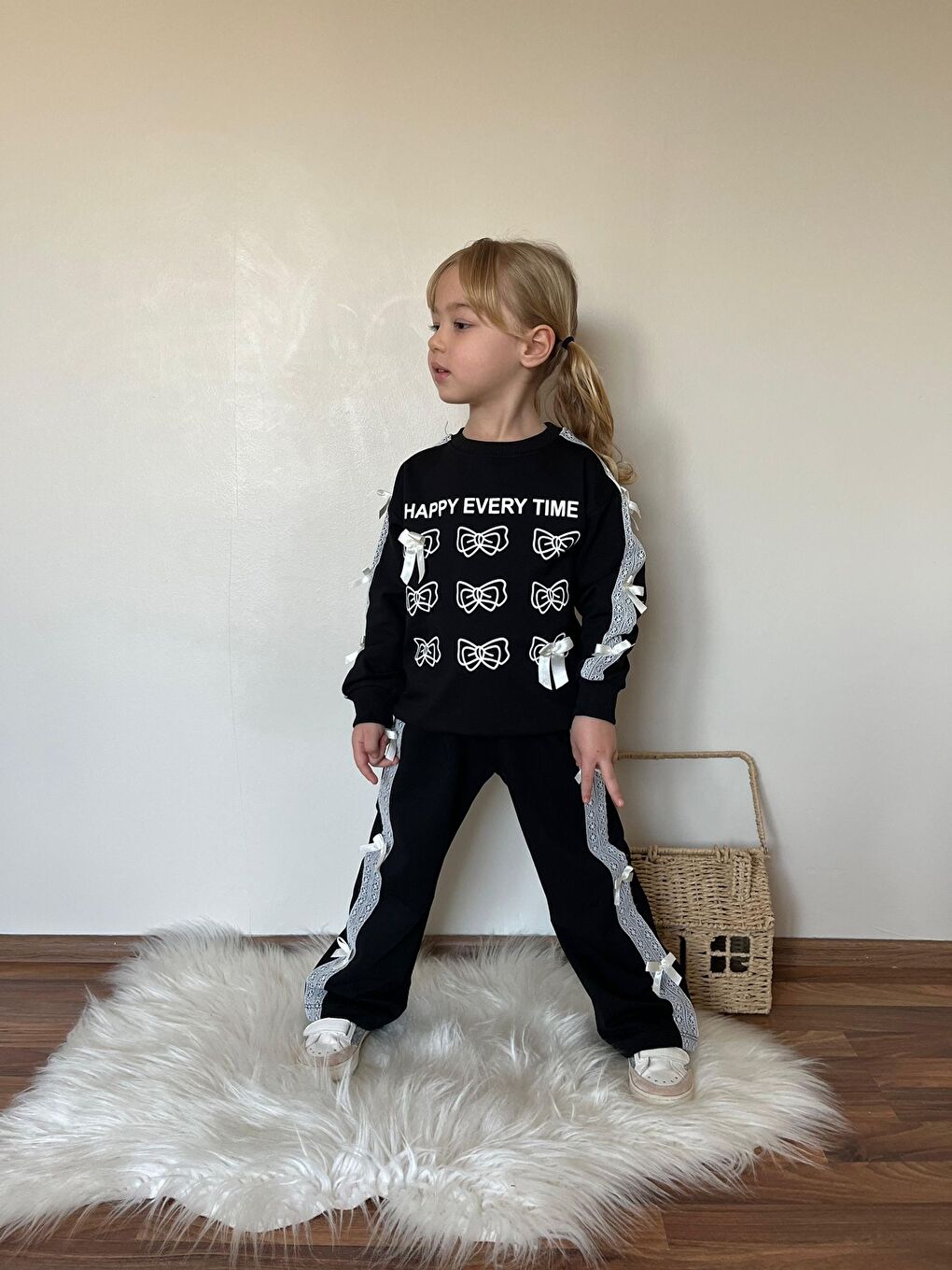 Siyah Kız Çocuk Baskılı 2 iplik Alt Üst Eşofman Takımı-1