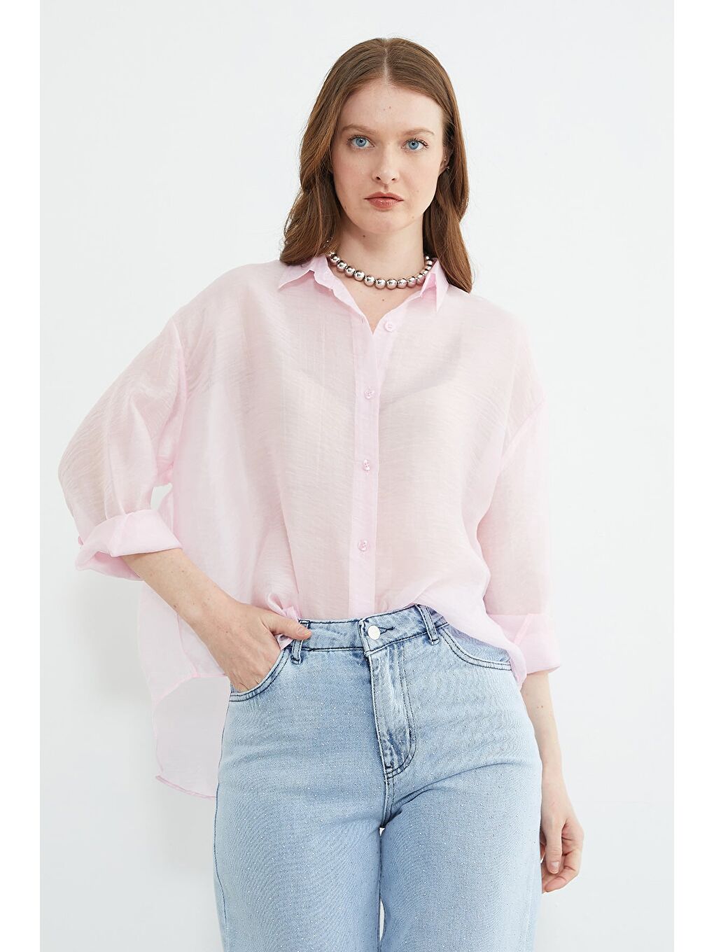 Pembe Jakarlı Düğmeli Transparan Gömlek-1