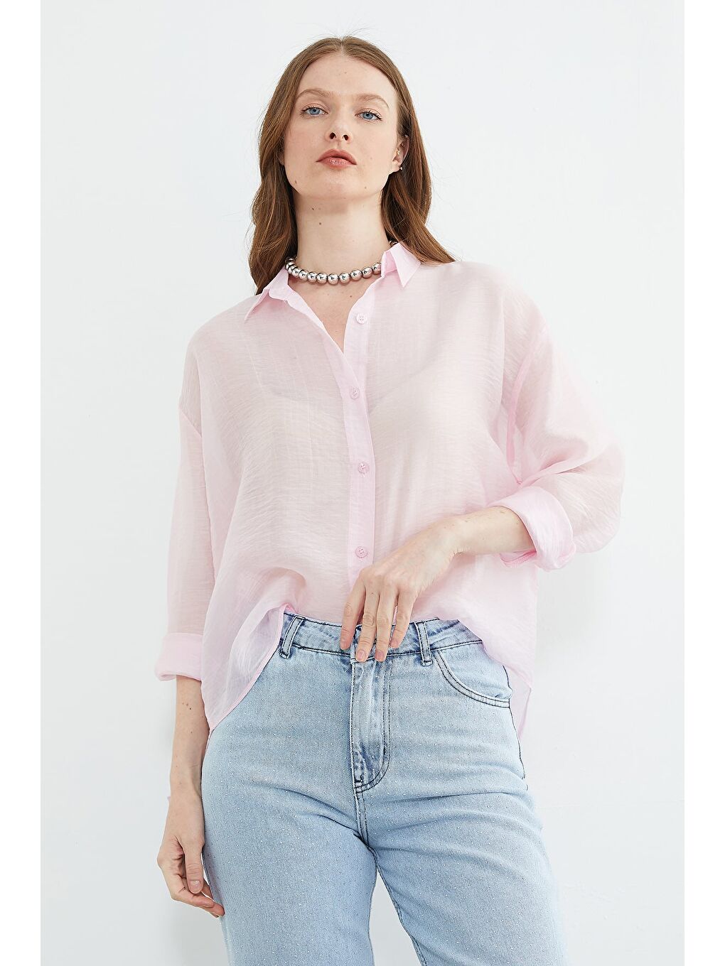 Pembe Jakarlı Düğmeli Transparan Gömlek-2