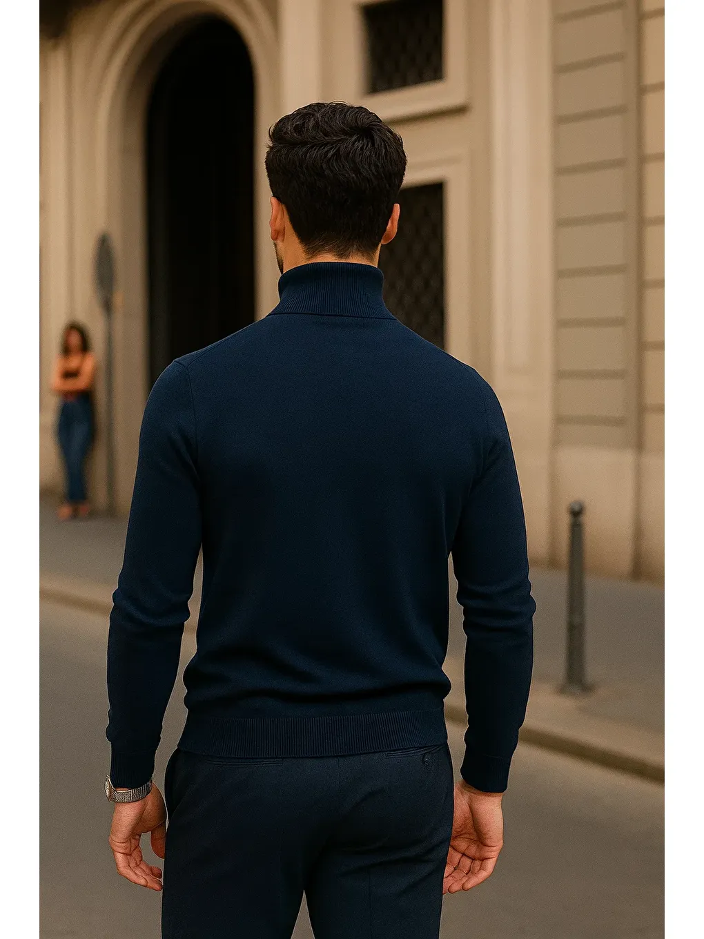 Erkek Kışlık Basic Slim Fit Uzun Lacivert Kazak-5