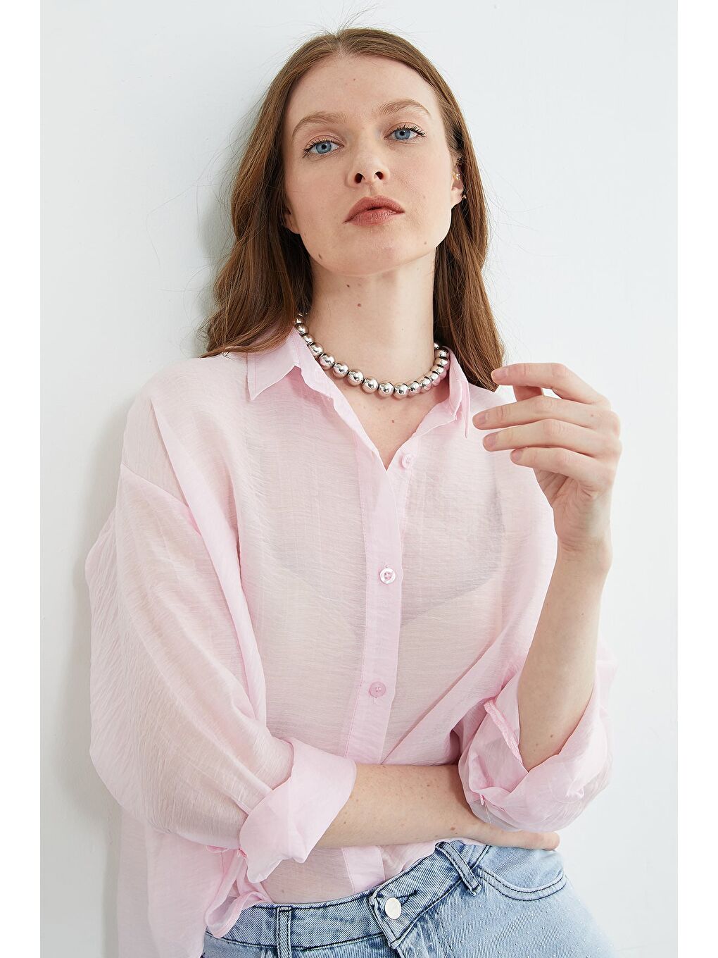 Pembe Jakarlı Düğmeli Transparan Gömlek-4